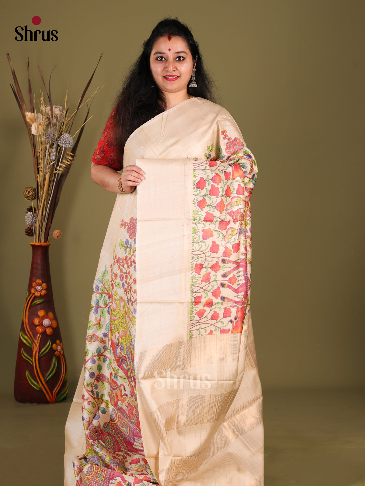 Cream(Single Tone) - Tussar Saree