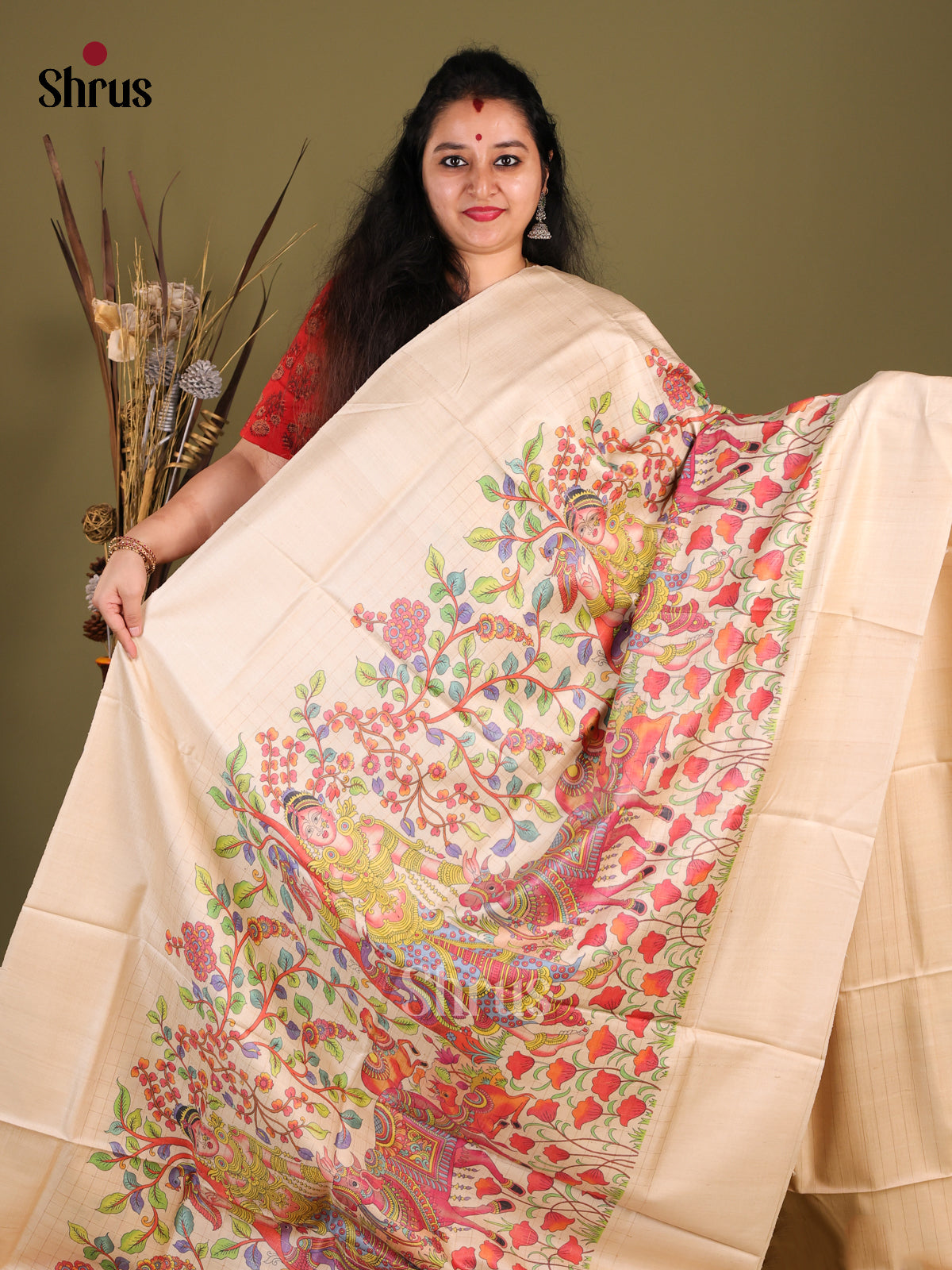 Cream(Single Tone) - Tussar Saree