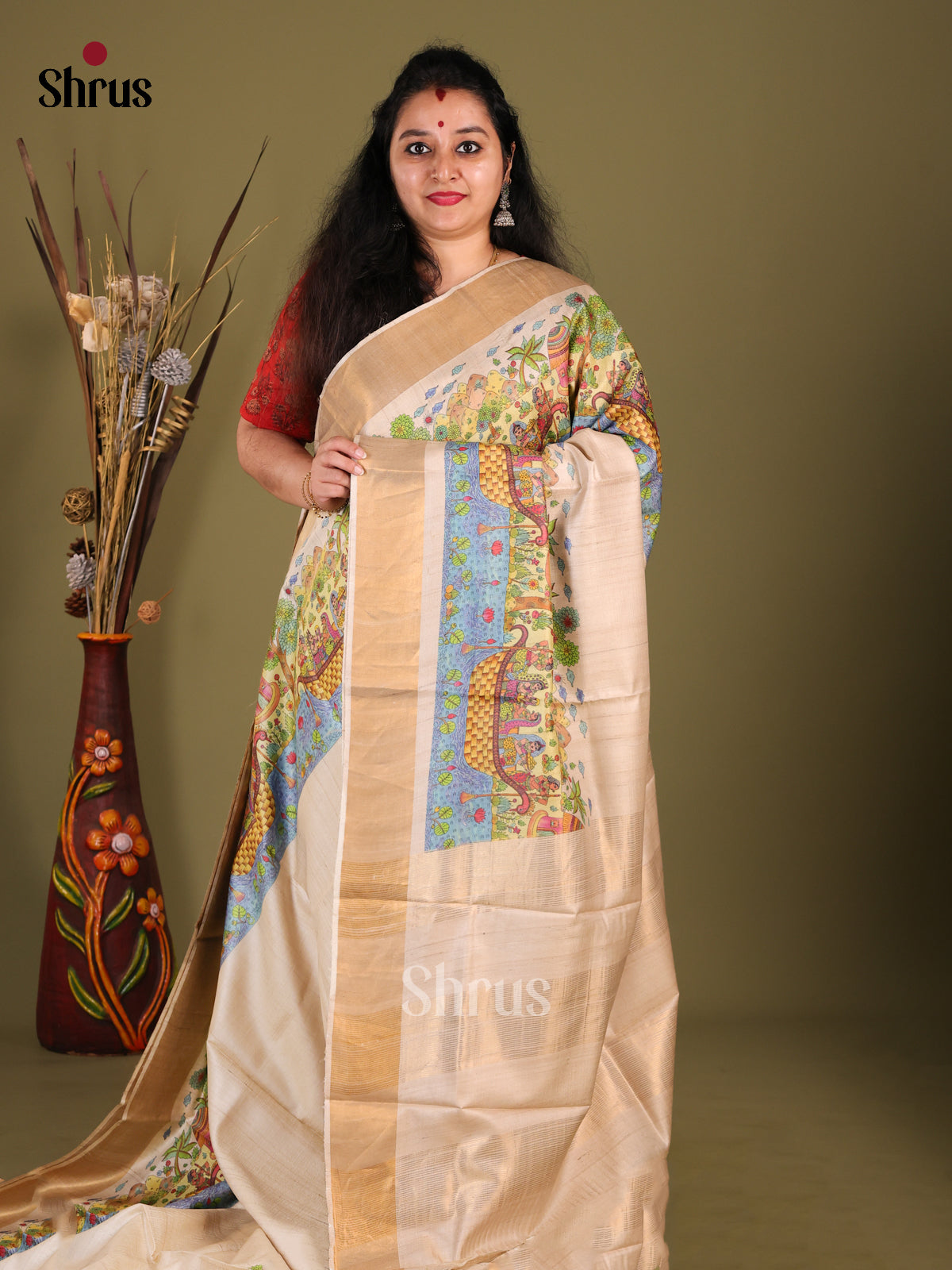 Cream(Single Tone)- Tussar Saree - Shop on Shrus.com