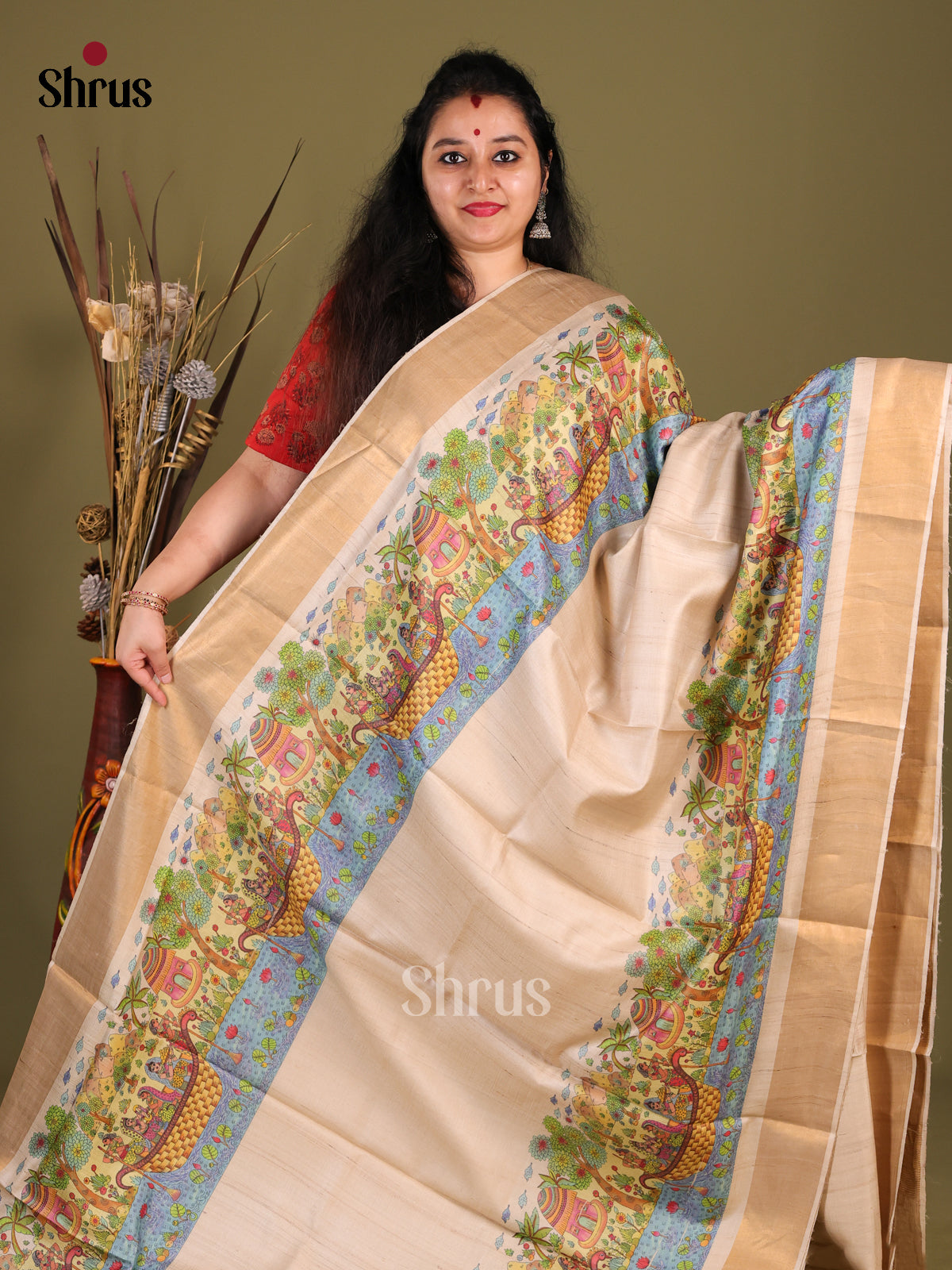 Cream(Single Tone)- Tussar Saree - Shop on Shrus.com