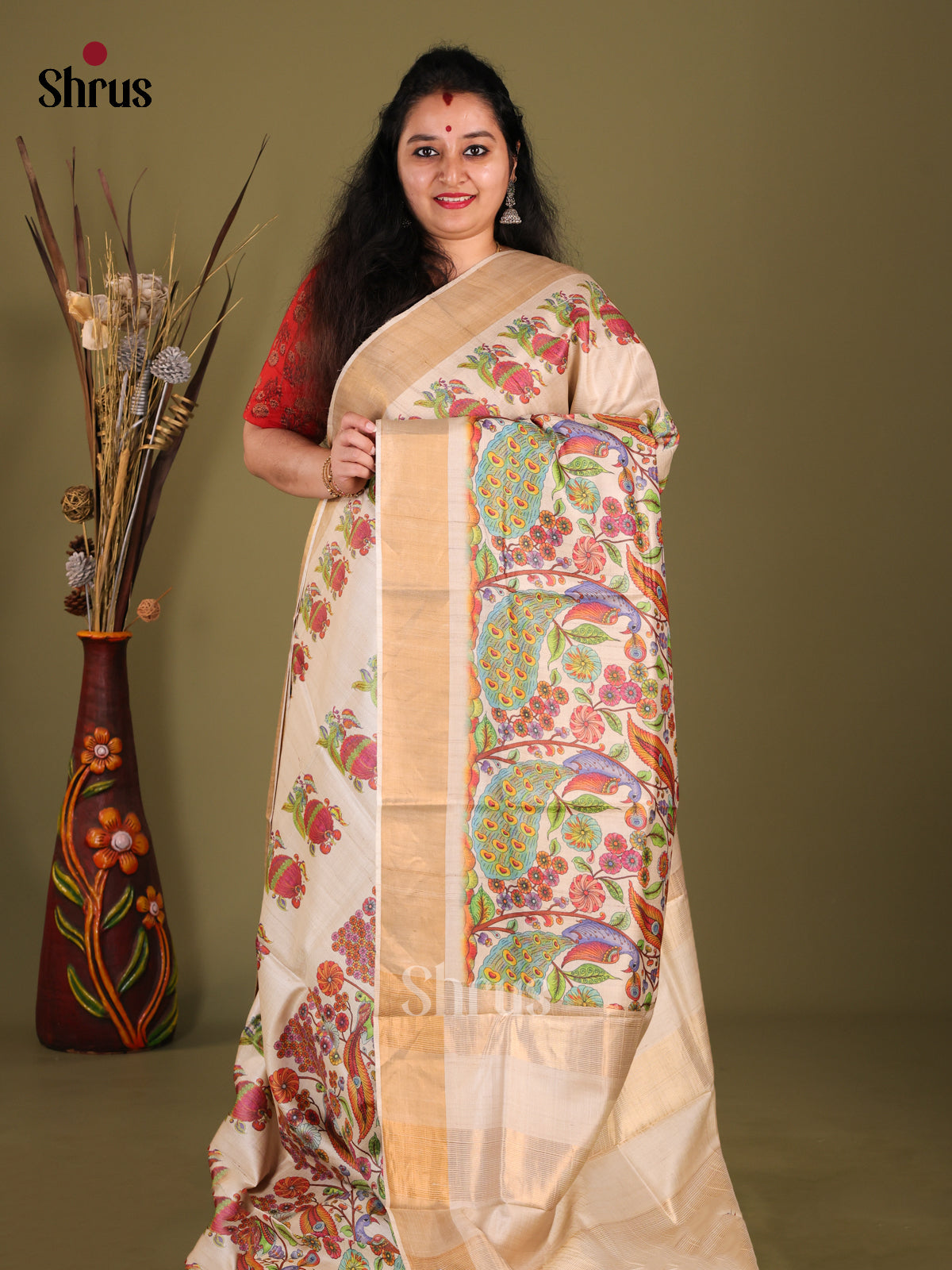 Cream(Single Tone) - Tussar Saree