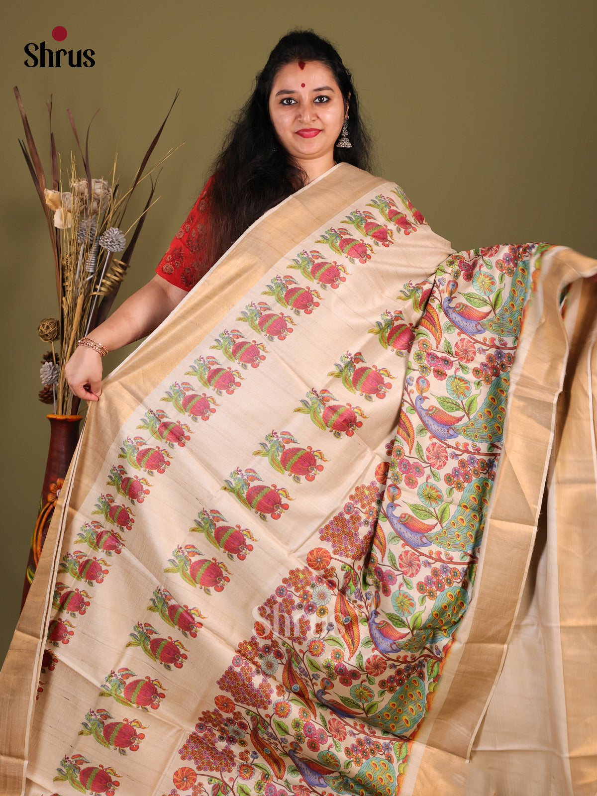 Cream(Single Tone) - Tussar Saree