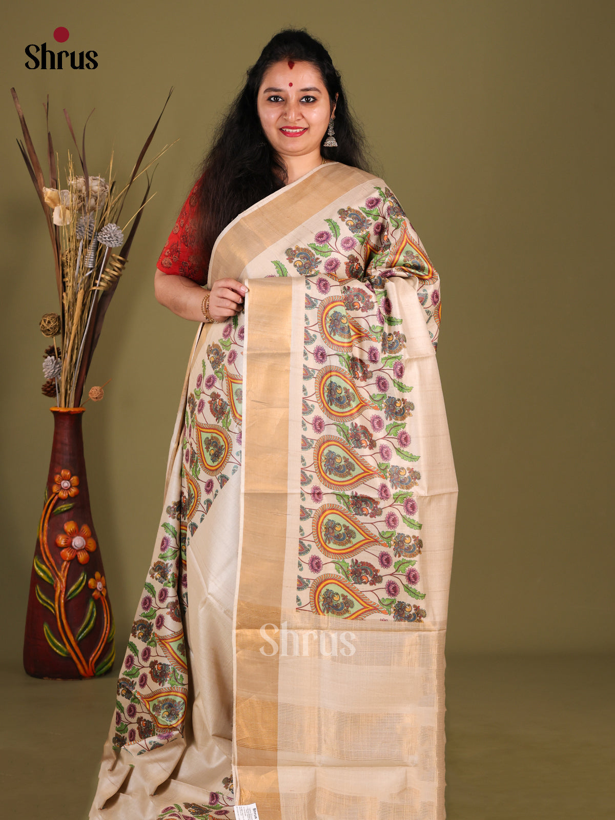 Cream(Single Tone) - Tussar Saree - Shop on Shrus.com