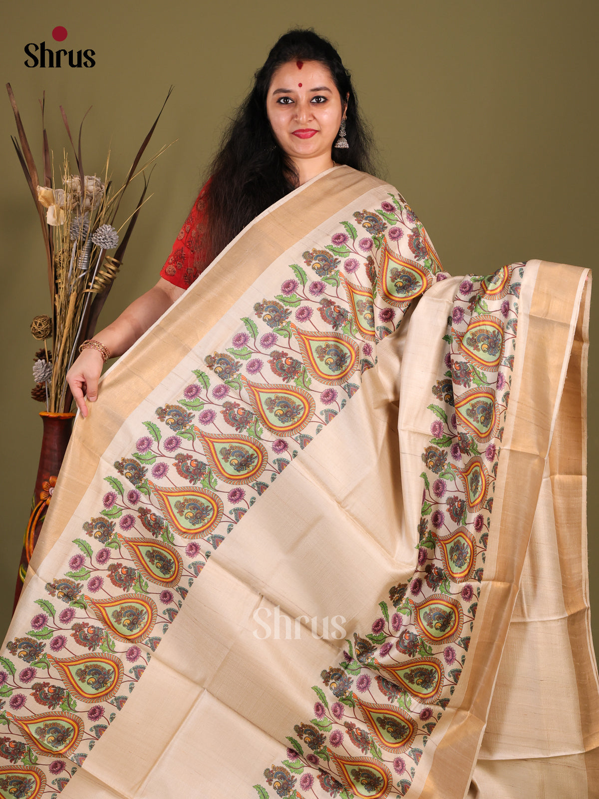 Cream(Single Tone) - Tussar Saree - Shop on Shrus.com