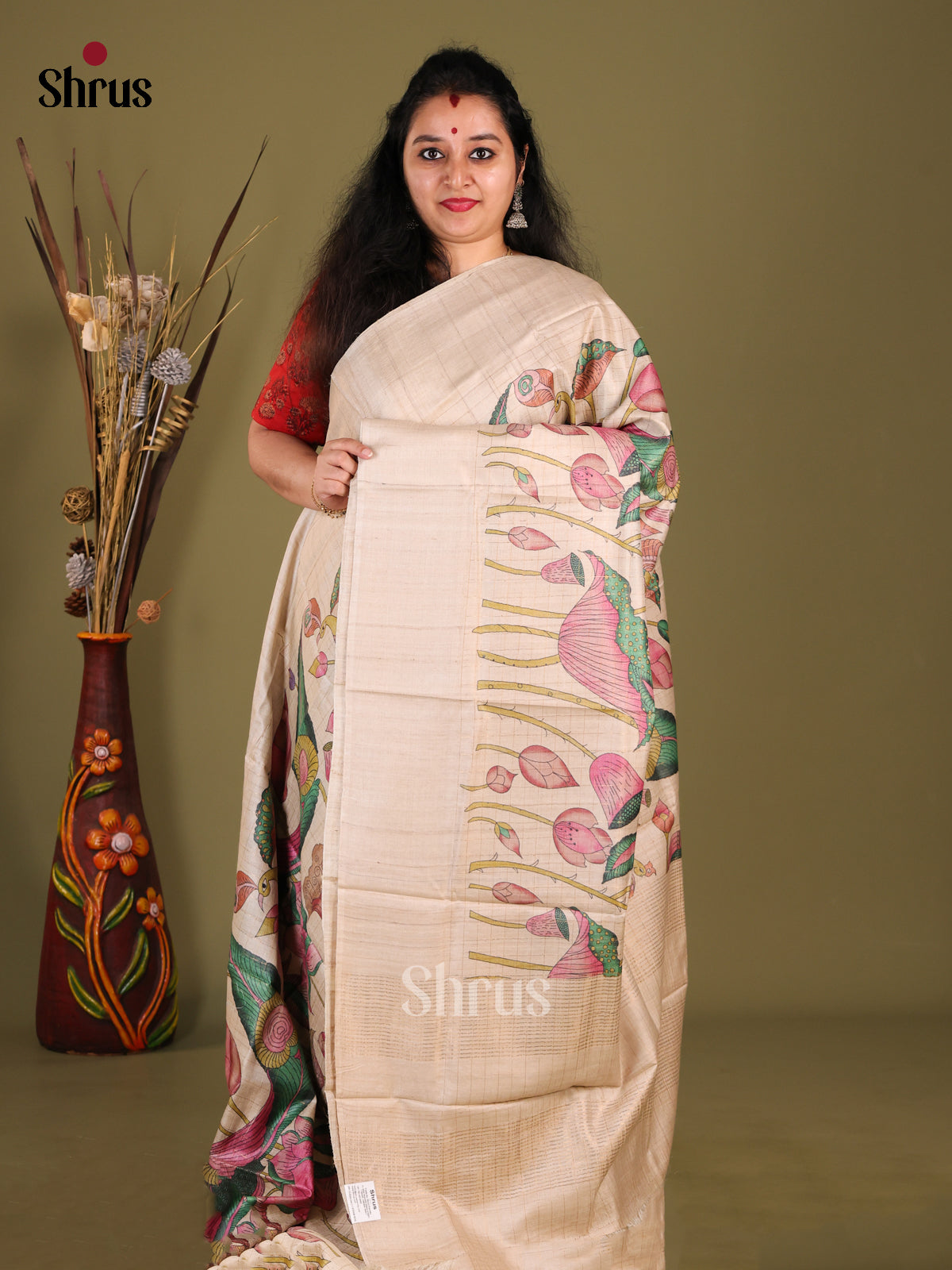 Cream(Single tone)- Tussar Saree - Shop on Shrus.com