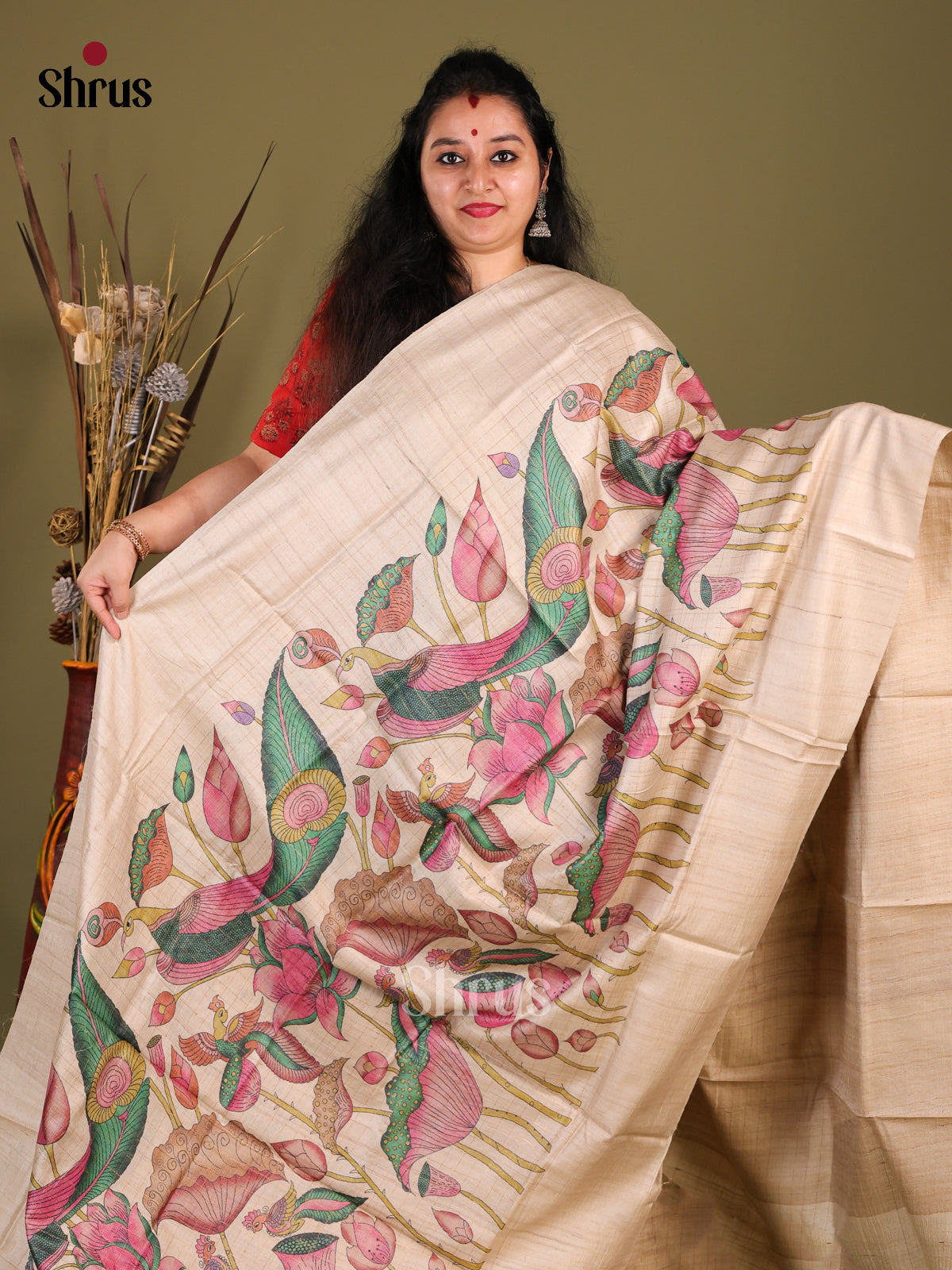 Cream(Single tone)- Tussar Saree - Shop on Shrus.com