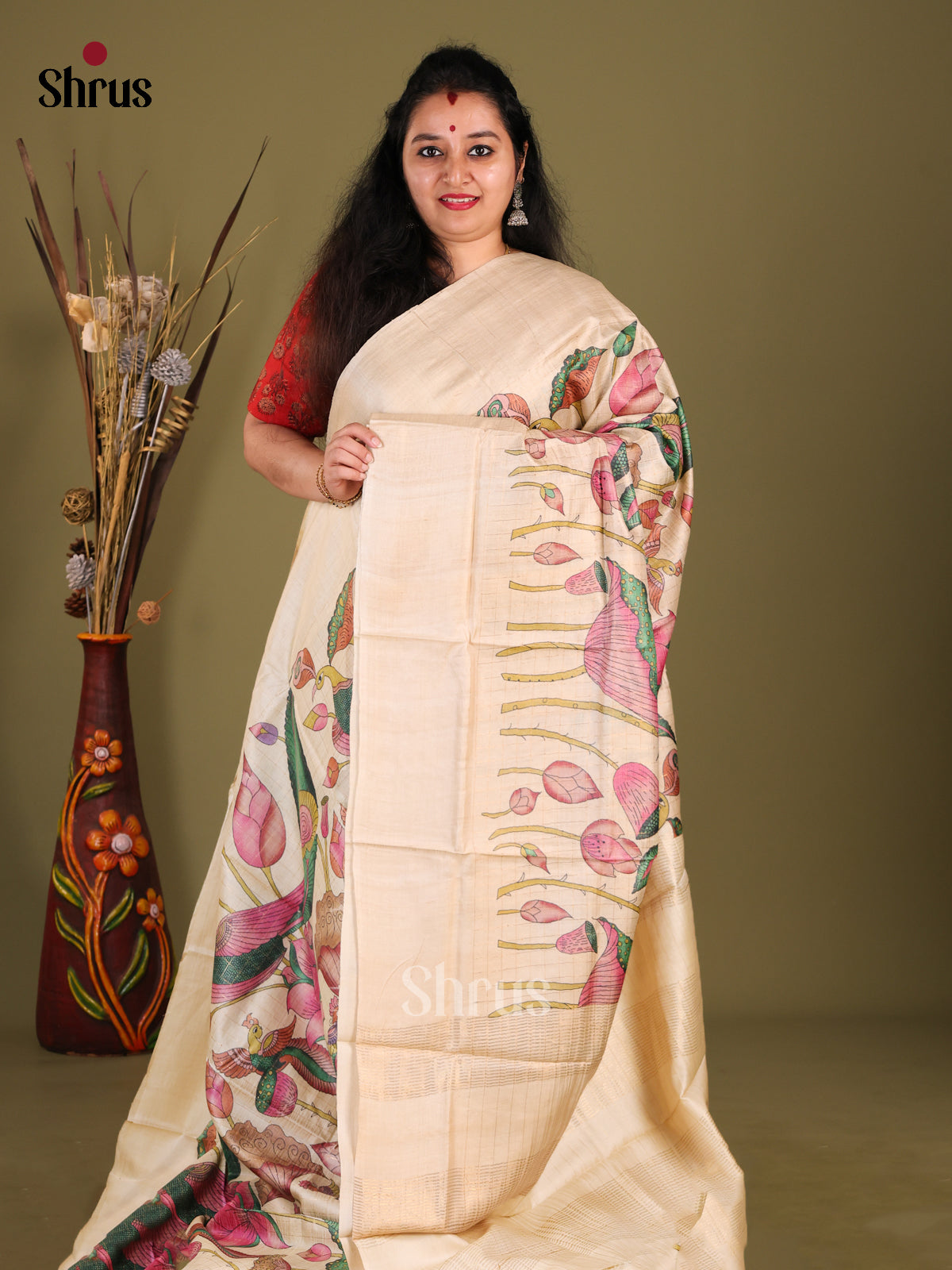 Cream(Single Tone) - Tussar Saree