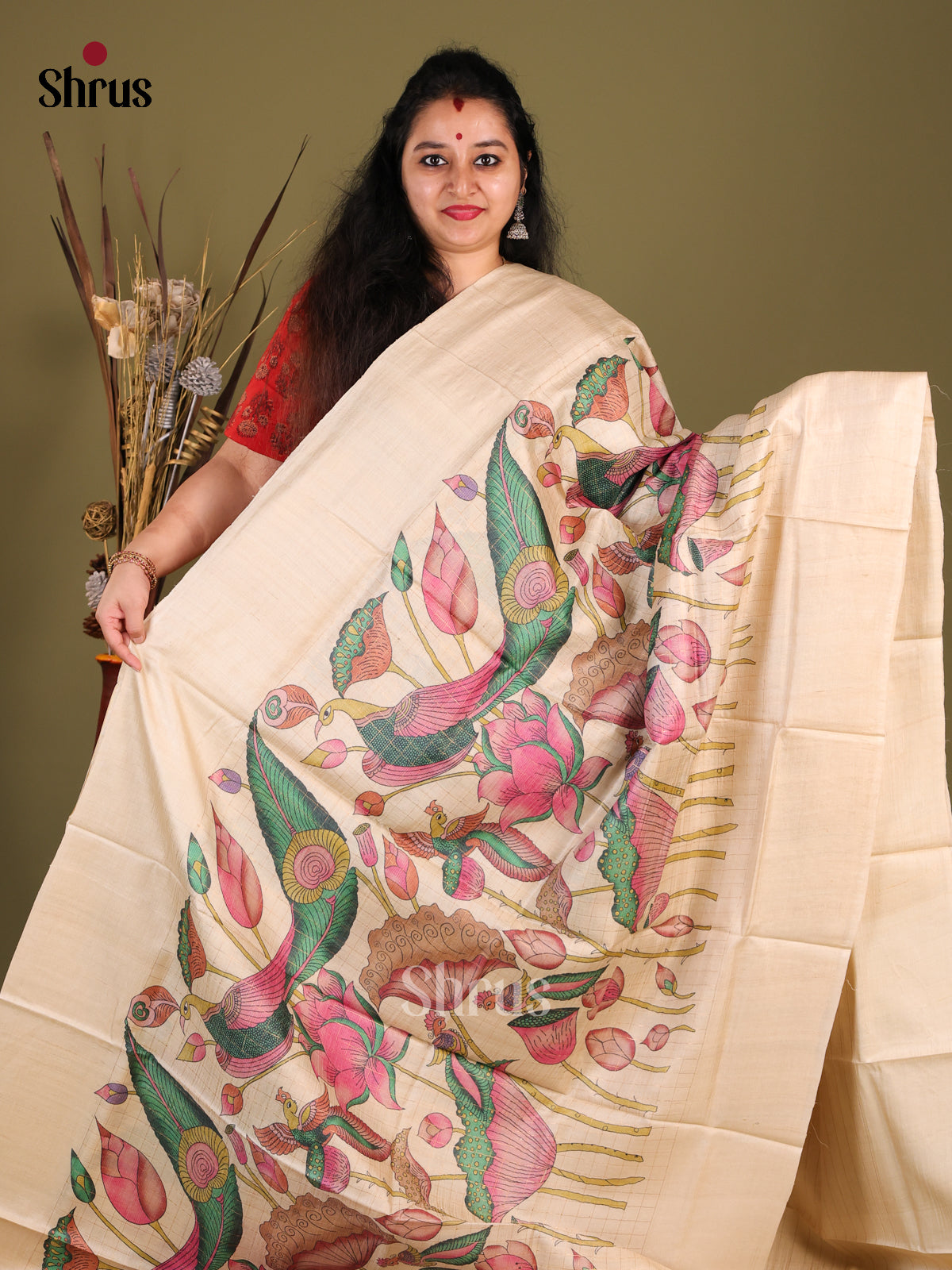 Cream(Single Tone) - Tussar Saree