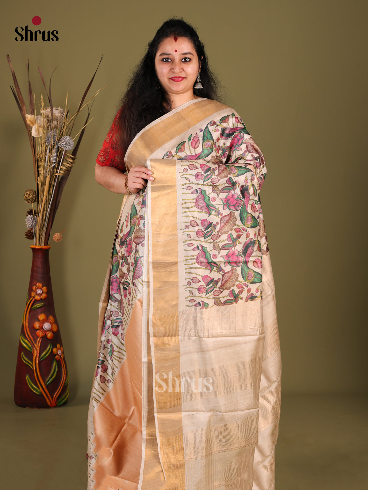 Peach & Cream - Tussar Saree - Shop on Shrus.com