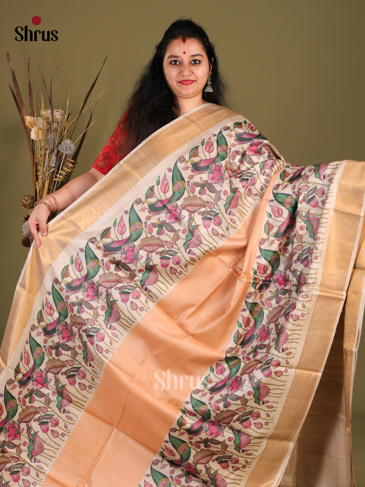 Peach & Cream - Tussar Saree - Shop on Shrus.com