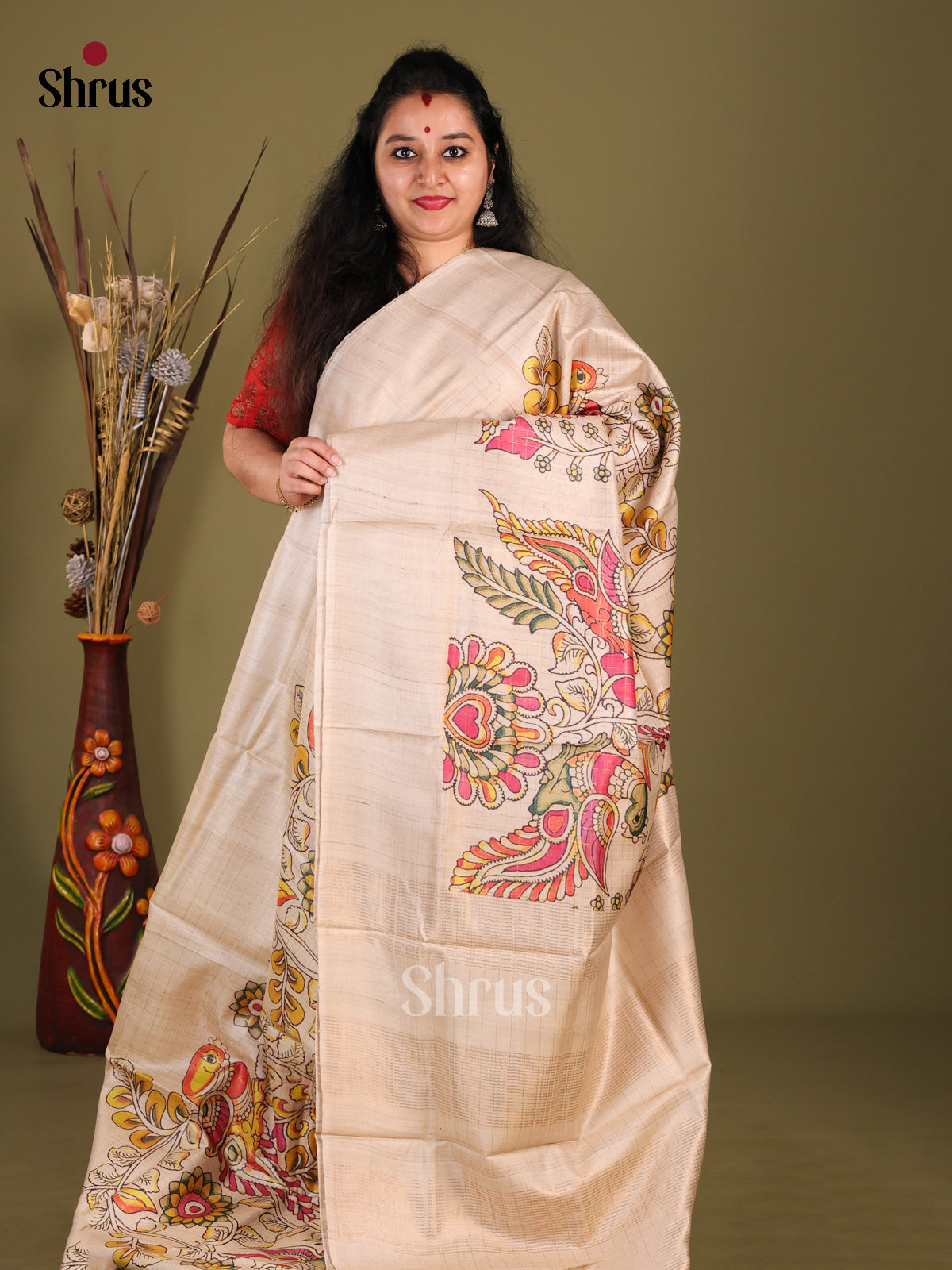 Cream(Single Tone) - Tussar Saree - Shop on Shrus.com
