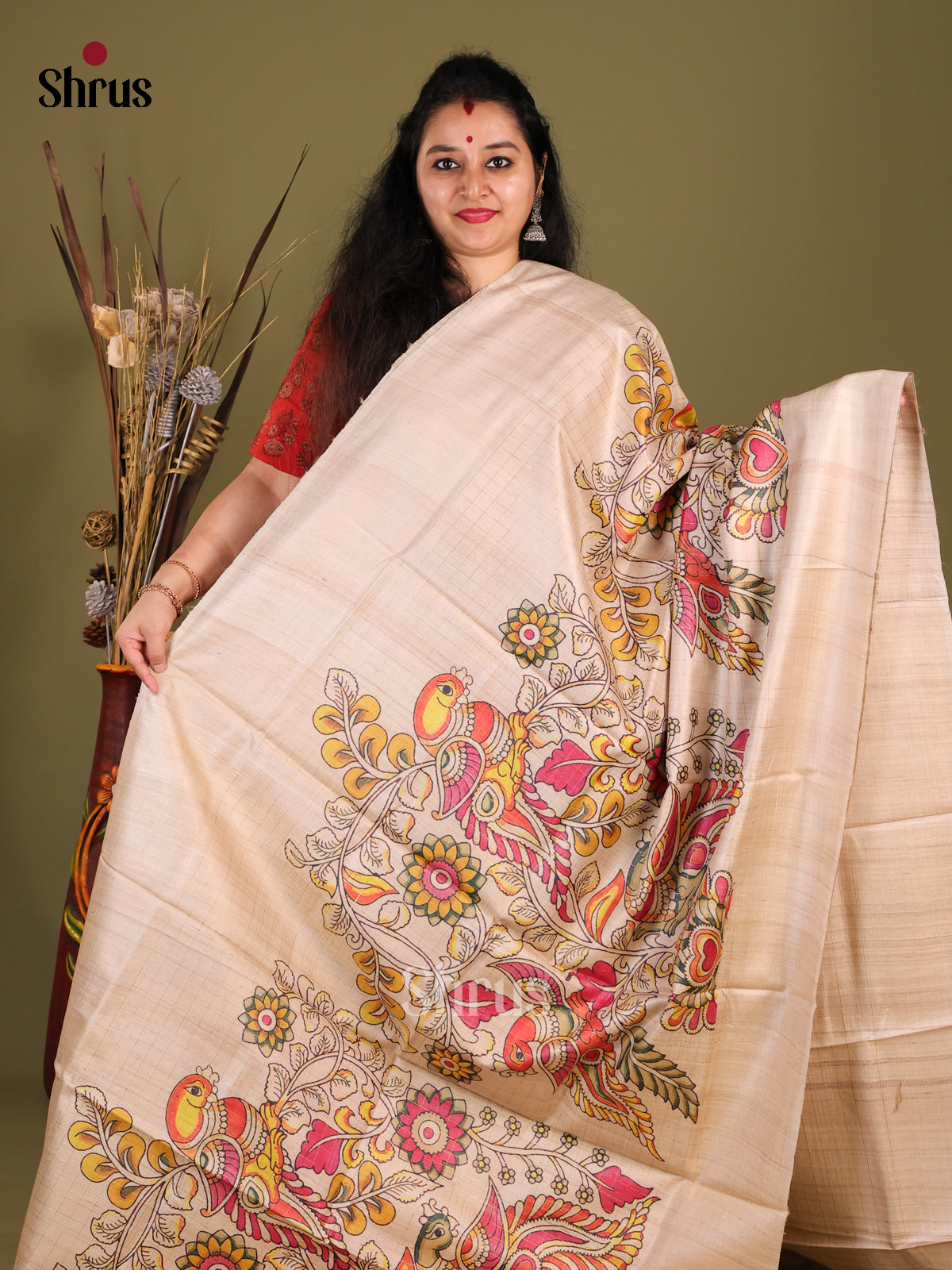 Cream(Single Tone) - Tussar Saree - Shop on Shrus.com