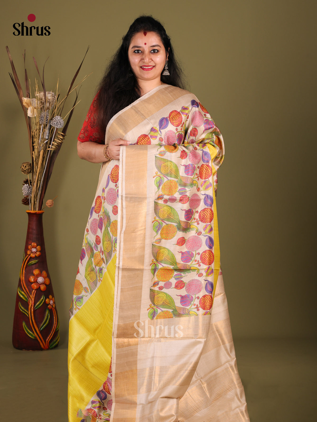 Yellow & Cream - Tussar Saree - Shop on Shrus.com