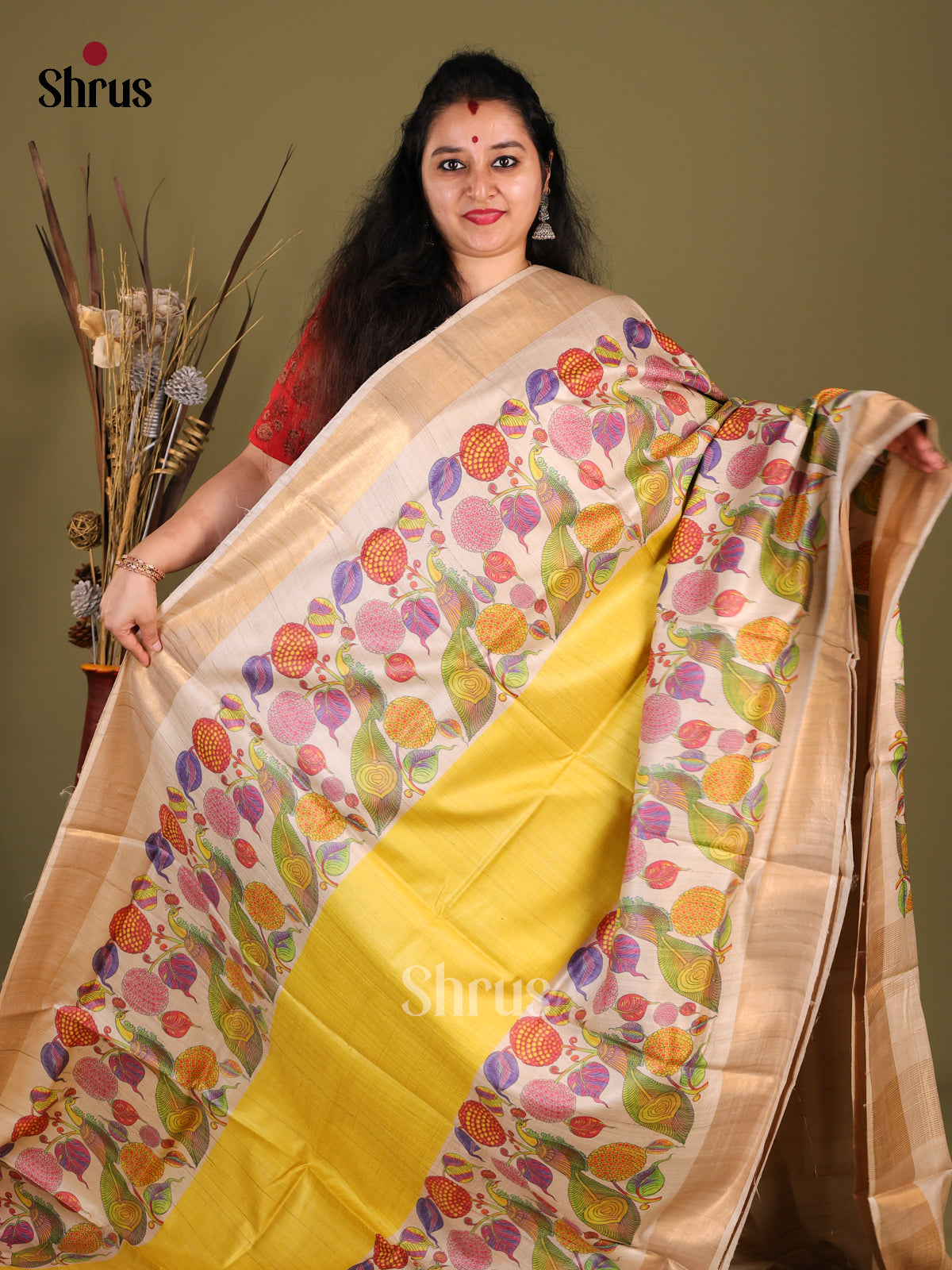 Yellow & Cream - Tussar Saree - Shop on Shrus.com