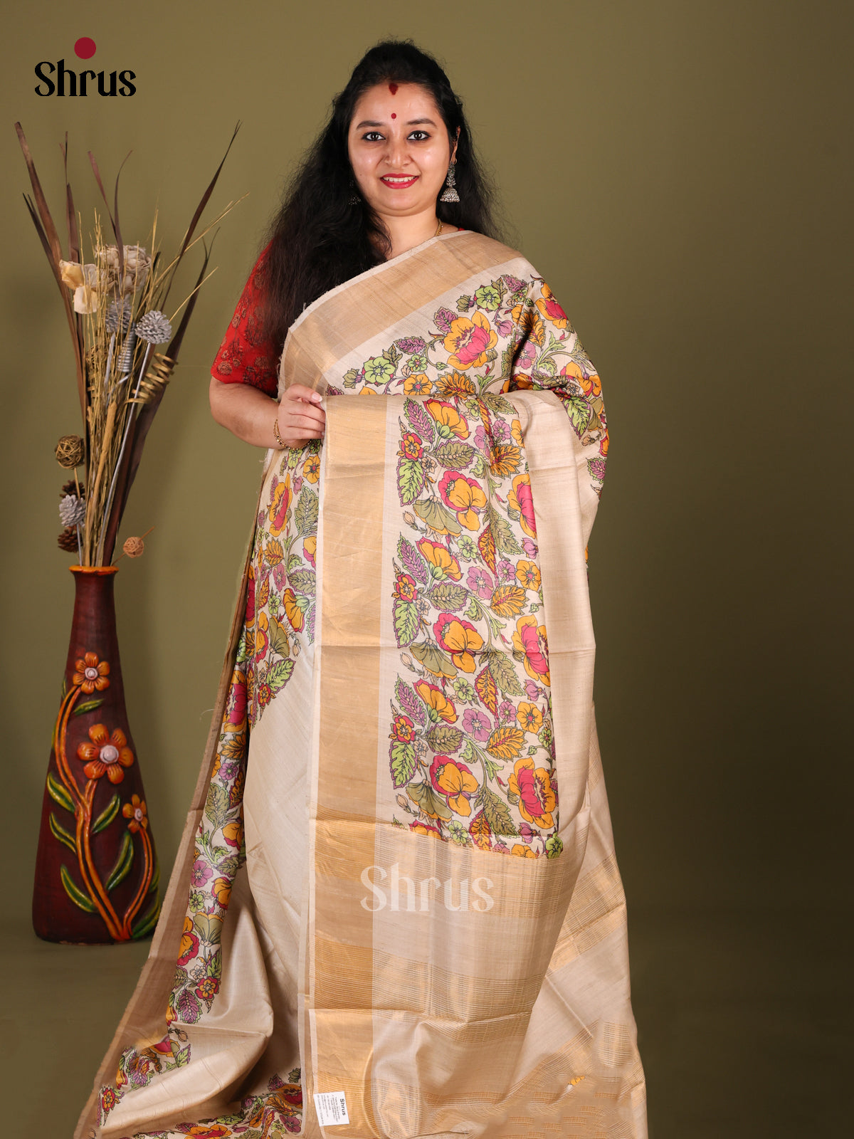 Cream(Single Tone) - Tussar Saree