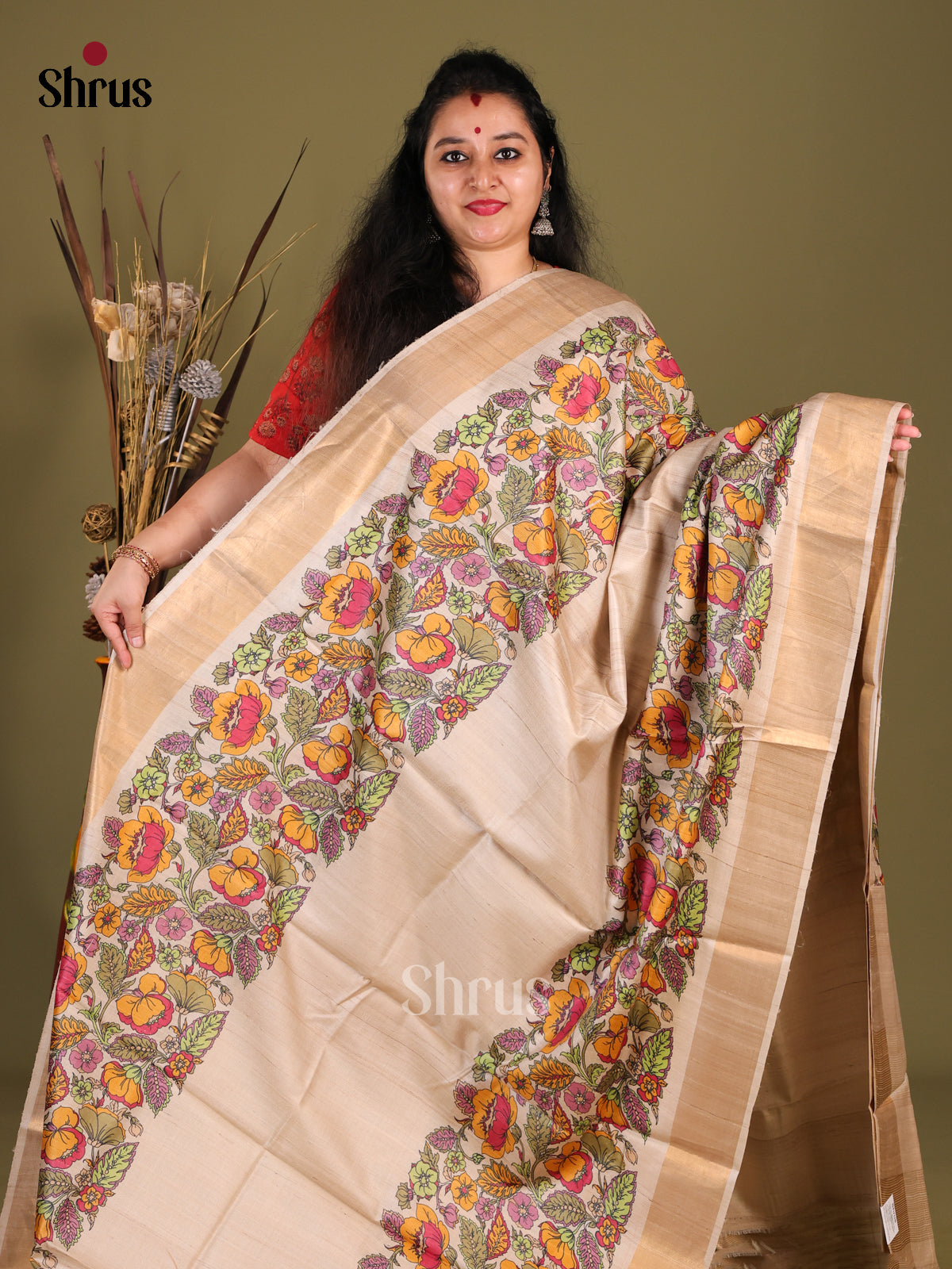 Cream(Single Tone) - Tussar Saree