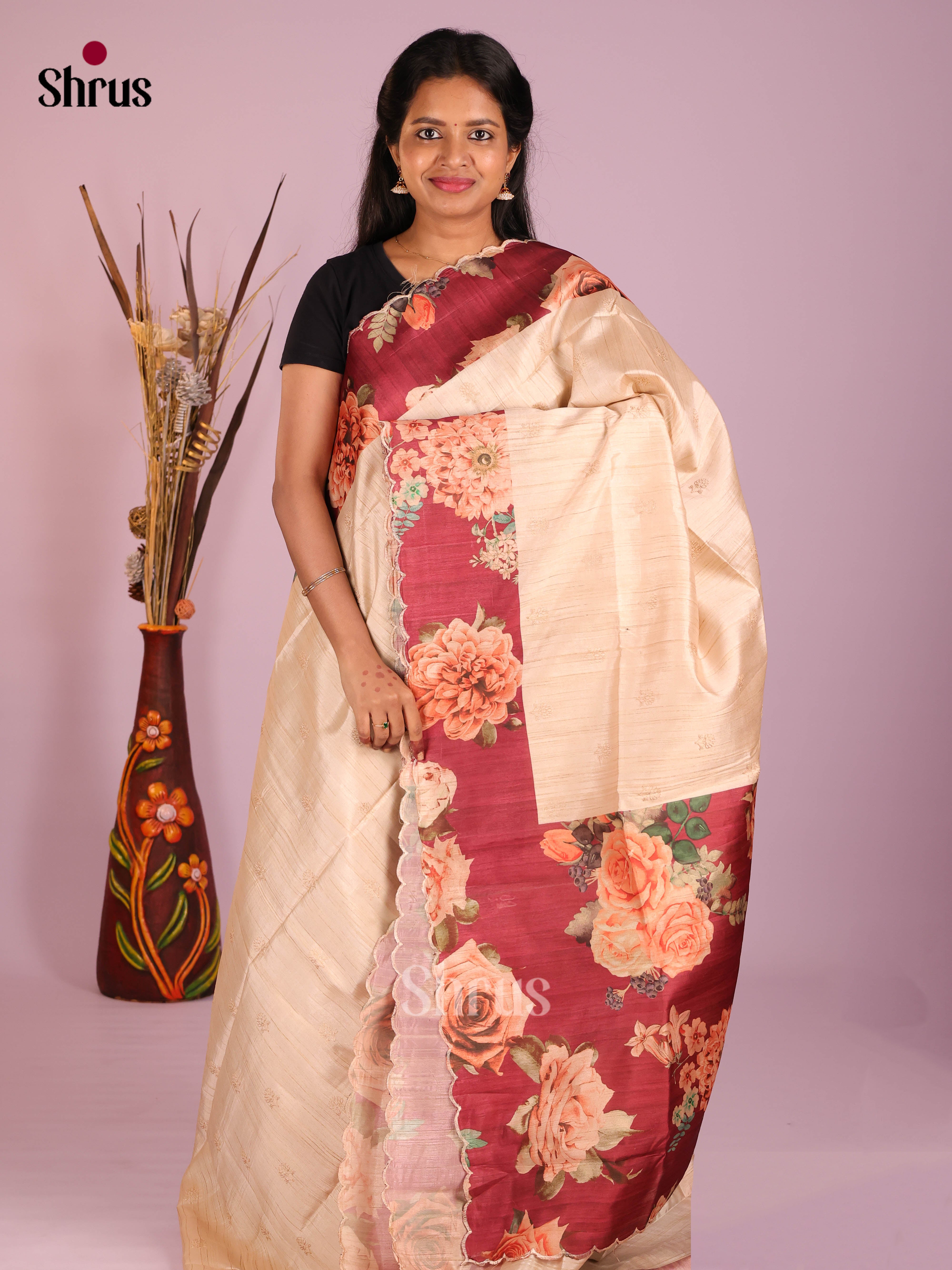 Cream & Maroon- Moonga Silk Saree