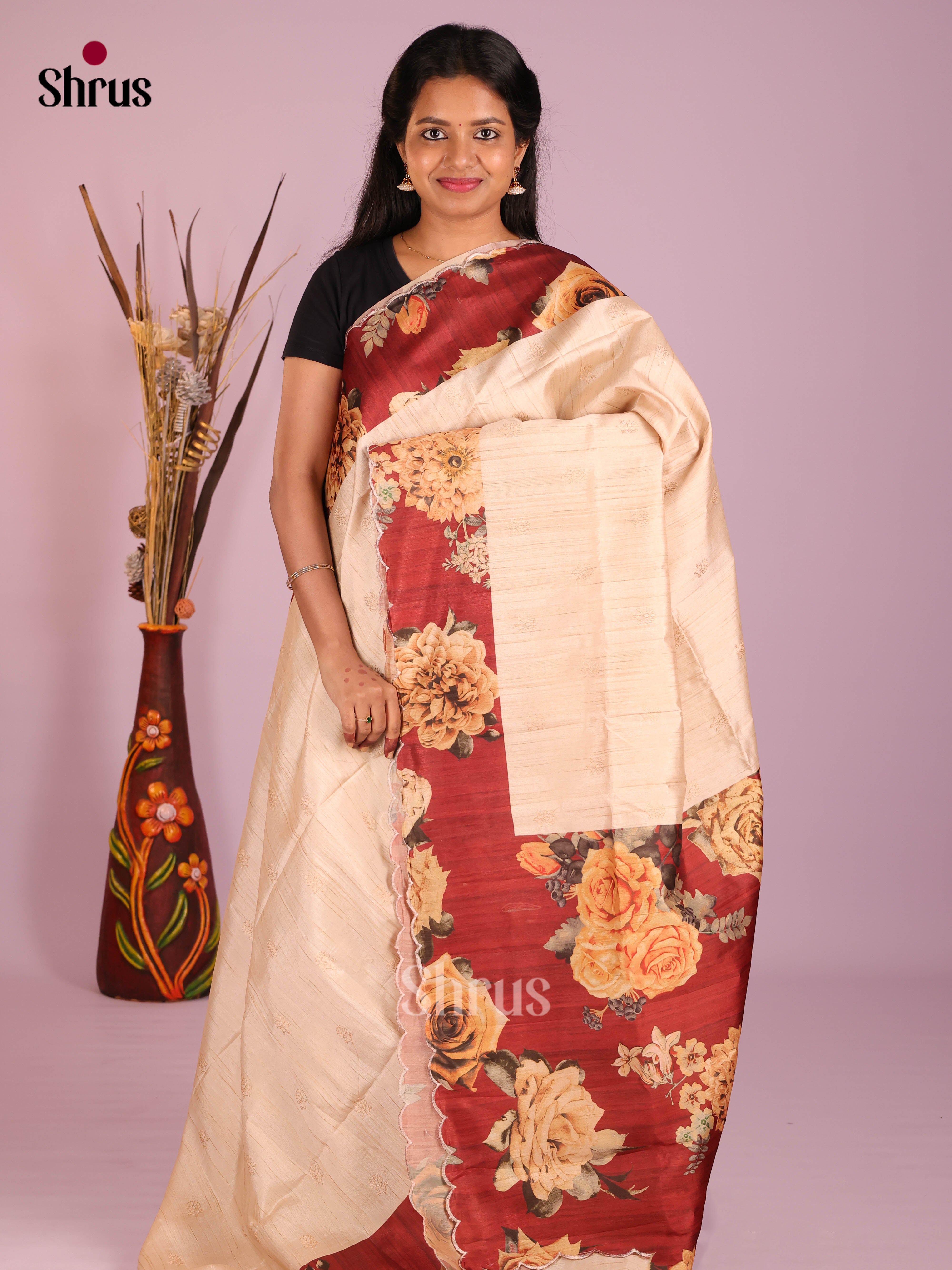 Cream & Red - Moonga Silk Saree
