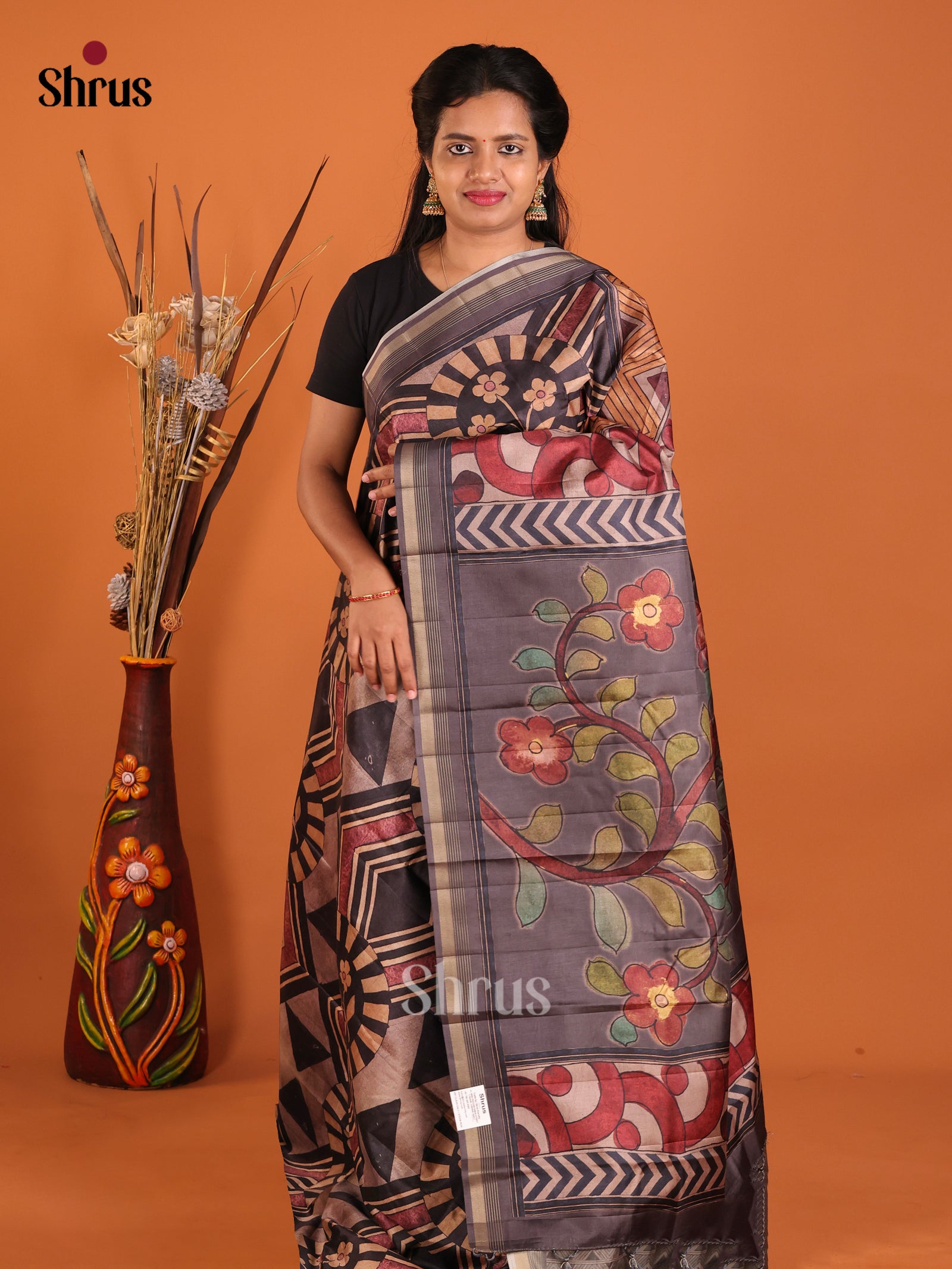 Grey & Black - Moonga Silk Saree