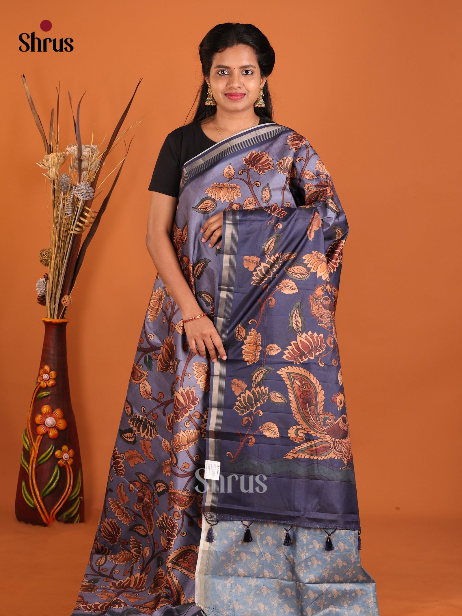 Grey & Black - Moonga Silk Saree