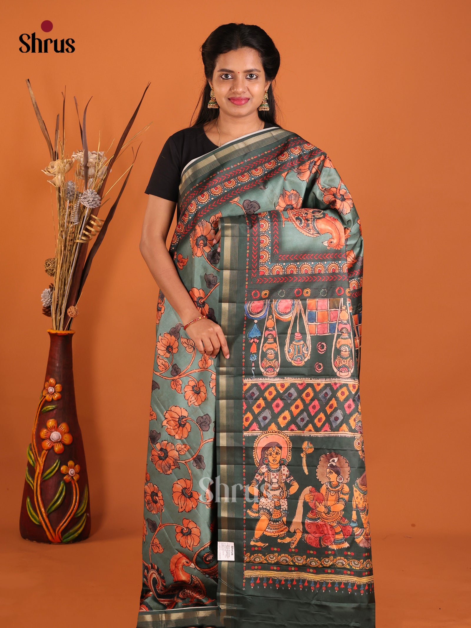 Grey Green & Green - Moonga Silk Saree
