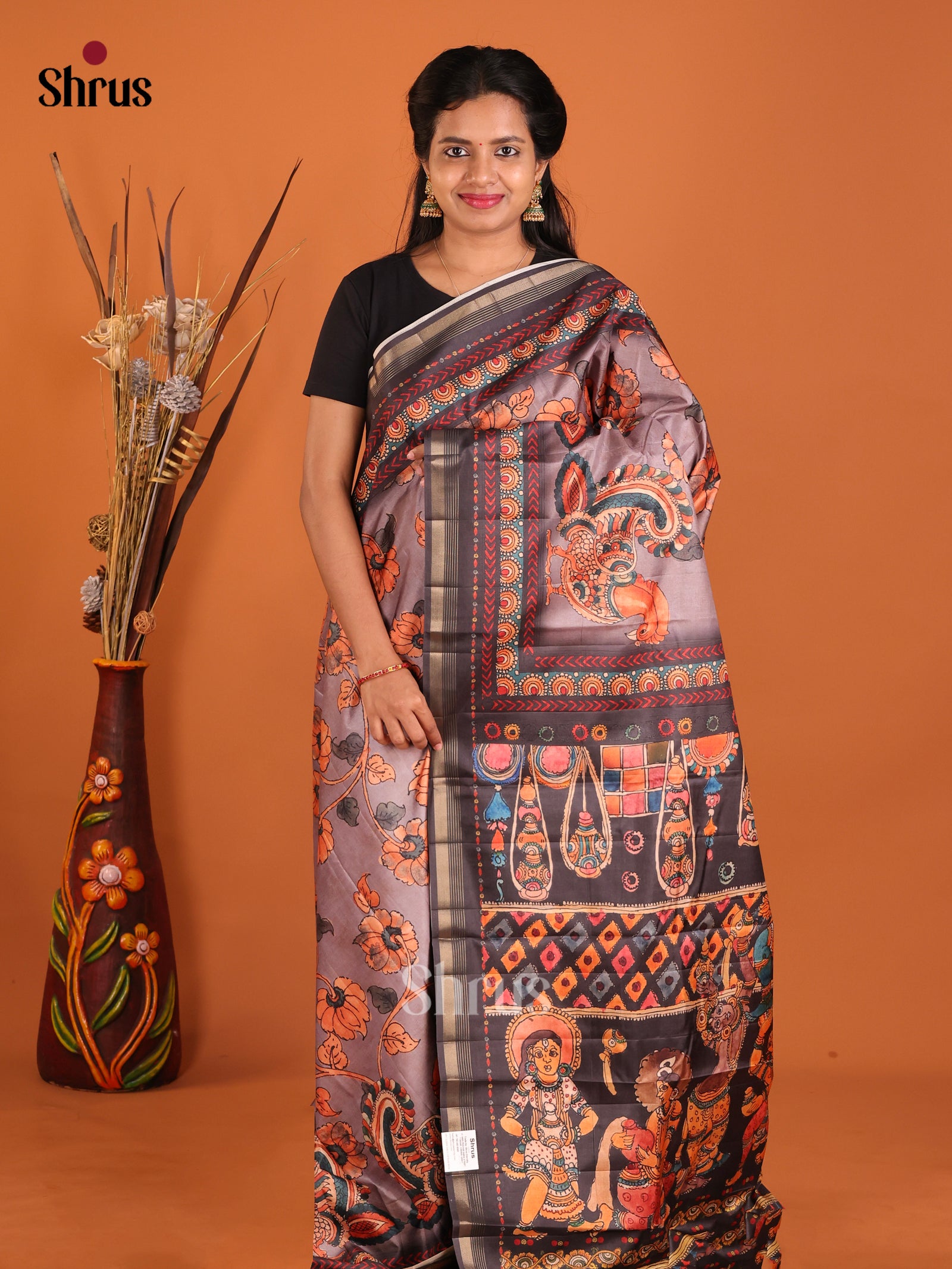 Grey & Black - Moonga Silk Saree