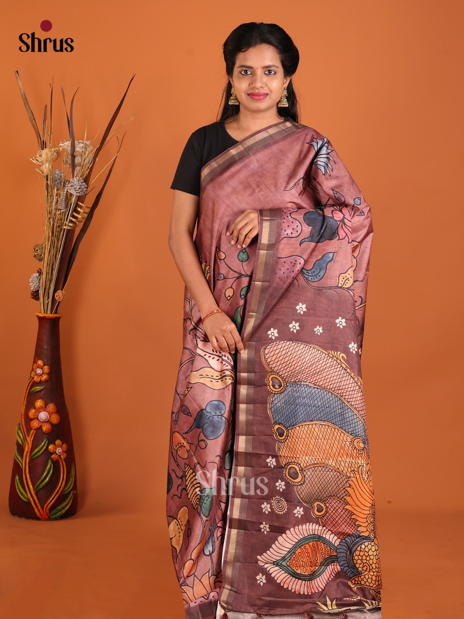 Light Brown & Brown - Moonga Silk Saree