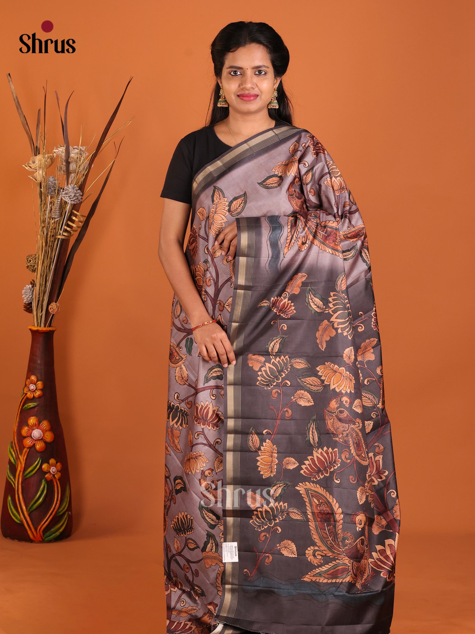 Grey & Black - Moonga Silk Saree