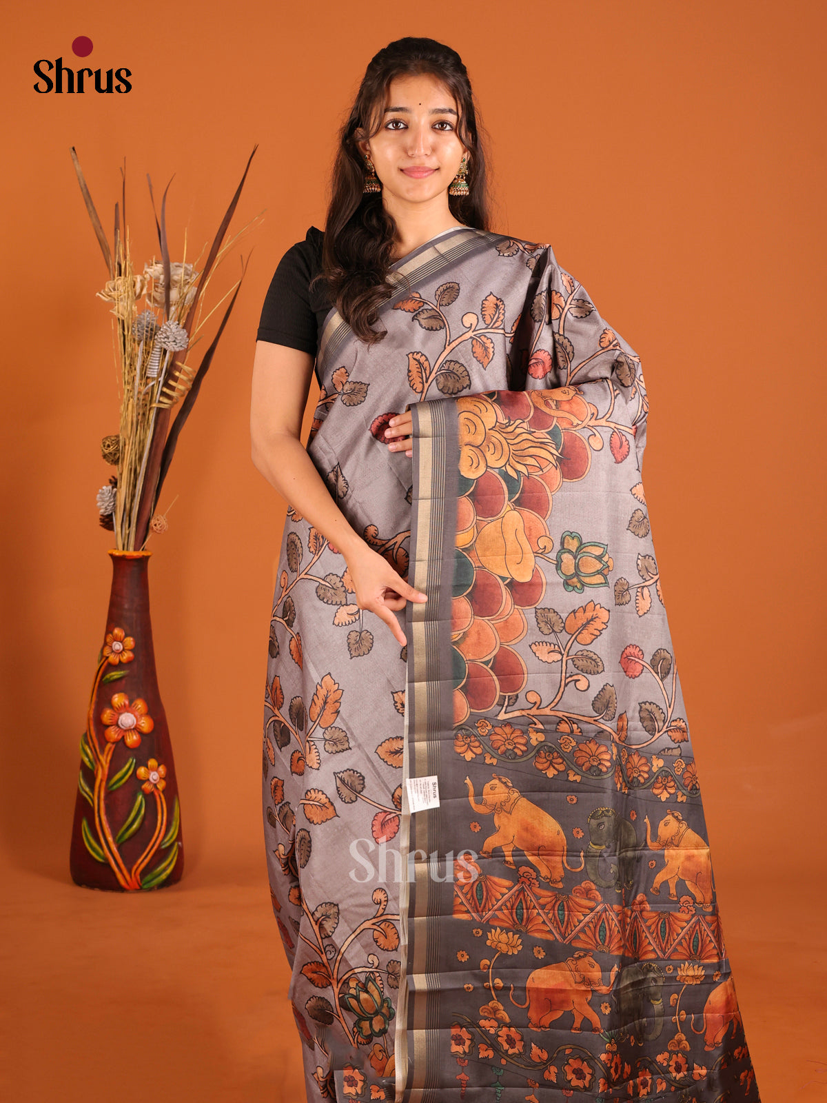 Grey - Moonga Silk Saree
