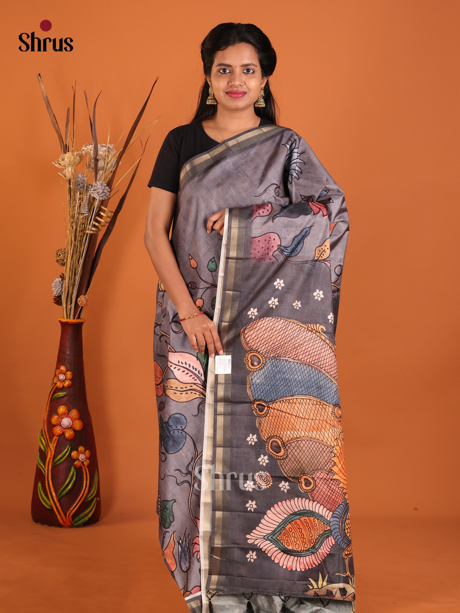 Grey & Black - Moonga Silk Saree