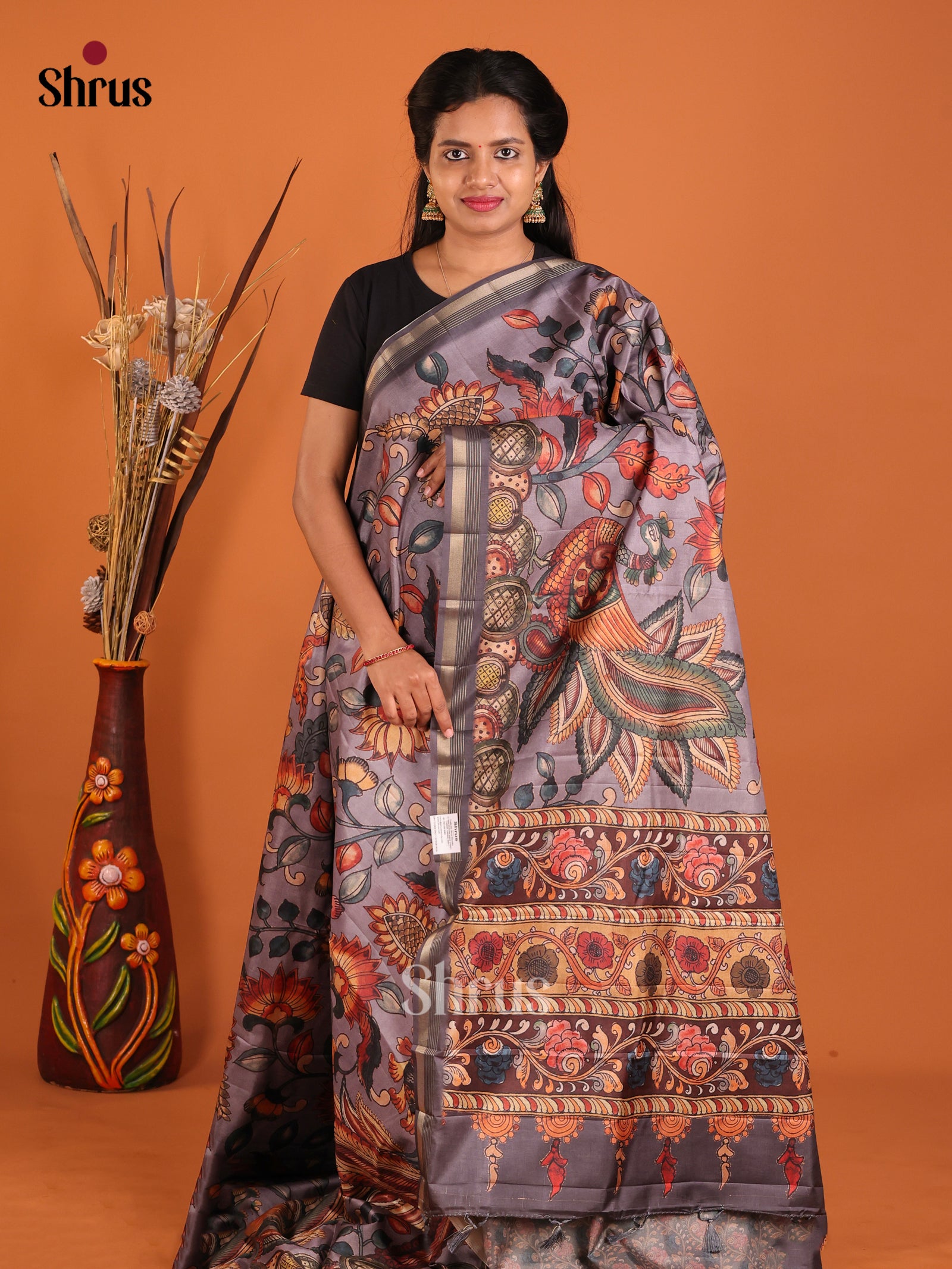 Grey - Moonga Silk Saree