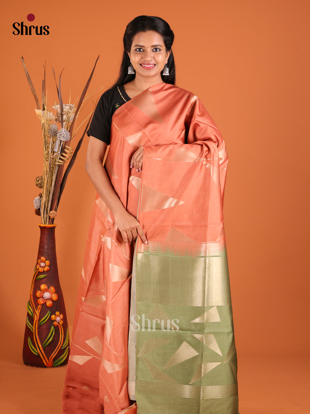Brick & Green - Semi Tussar Saree