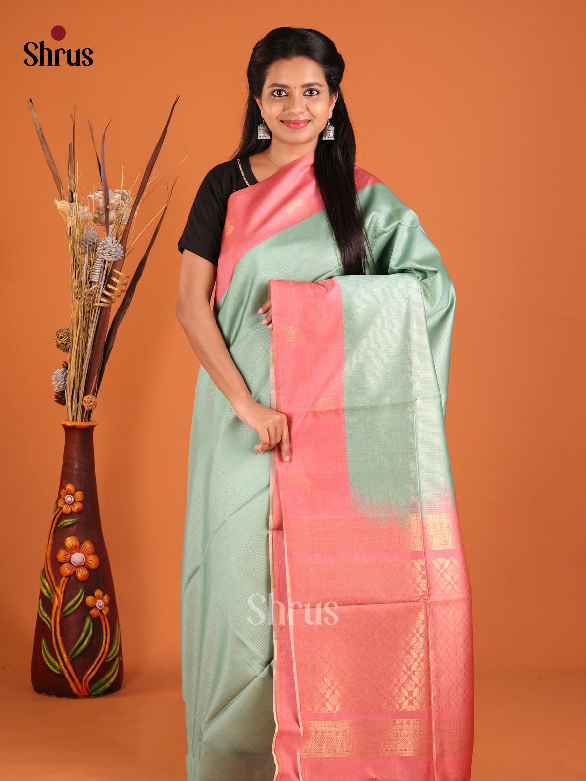 Pastel Green & Orangish Pink - Semi Tussar Saree