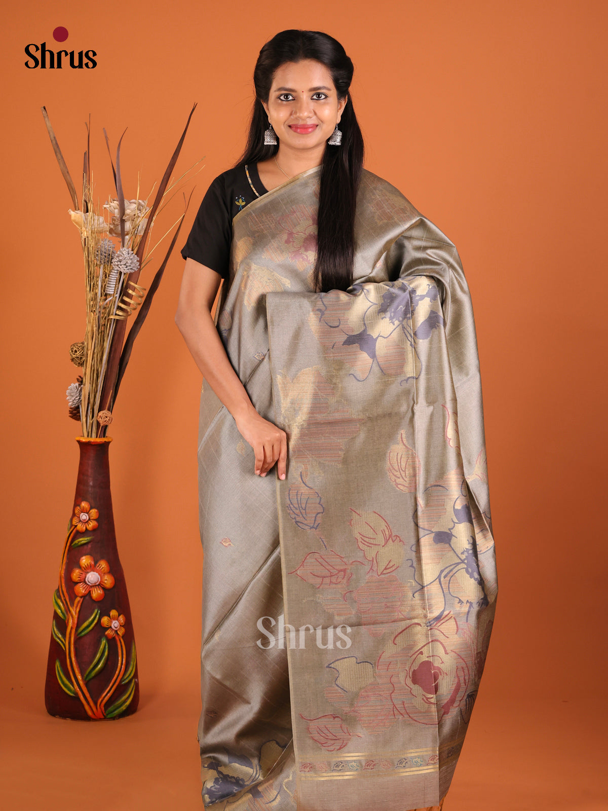 Grey - Semi Tussar Saree