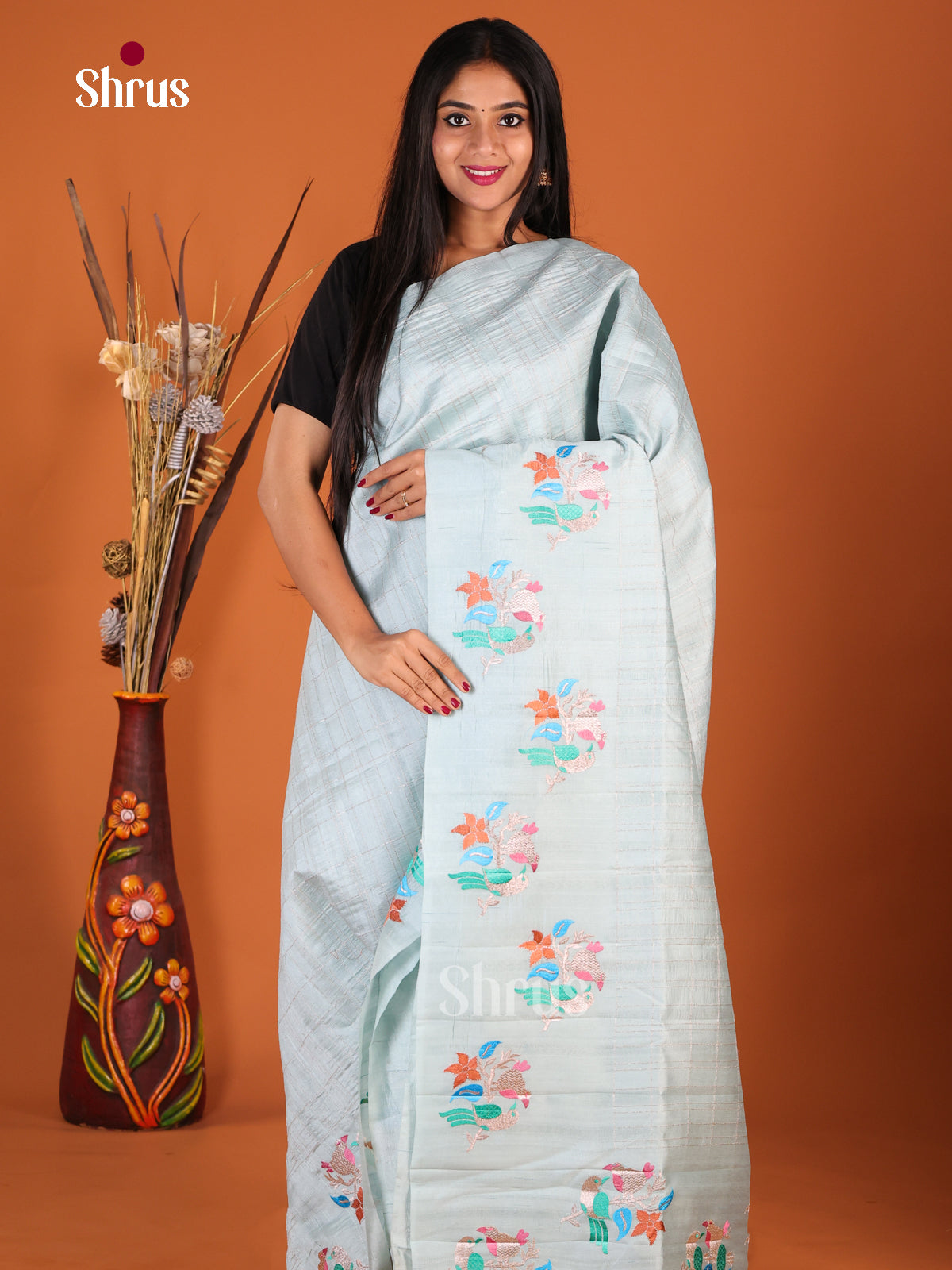 Pastel Blue - Semi Rawsilk Saree - Shop on Shrus.com