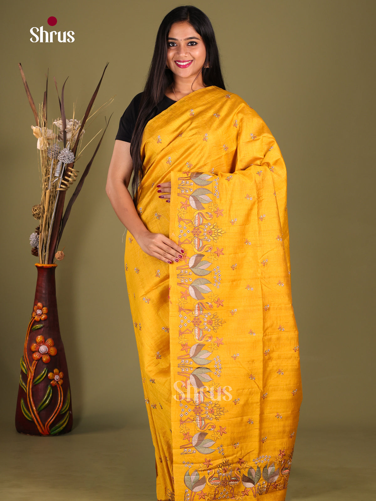 Mustard - Semi Rawsilk Saree - Shop on Shrus.com