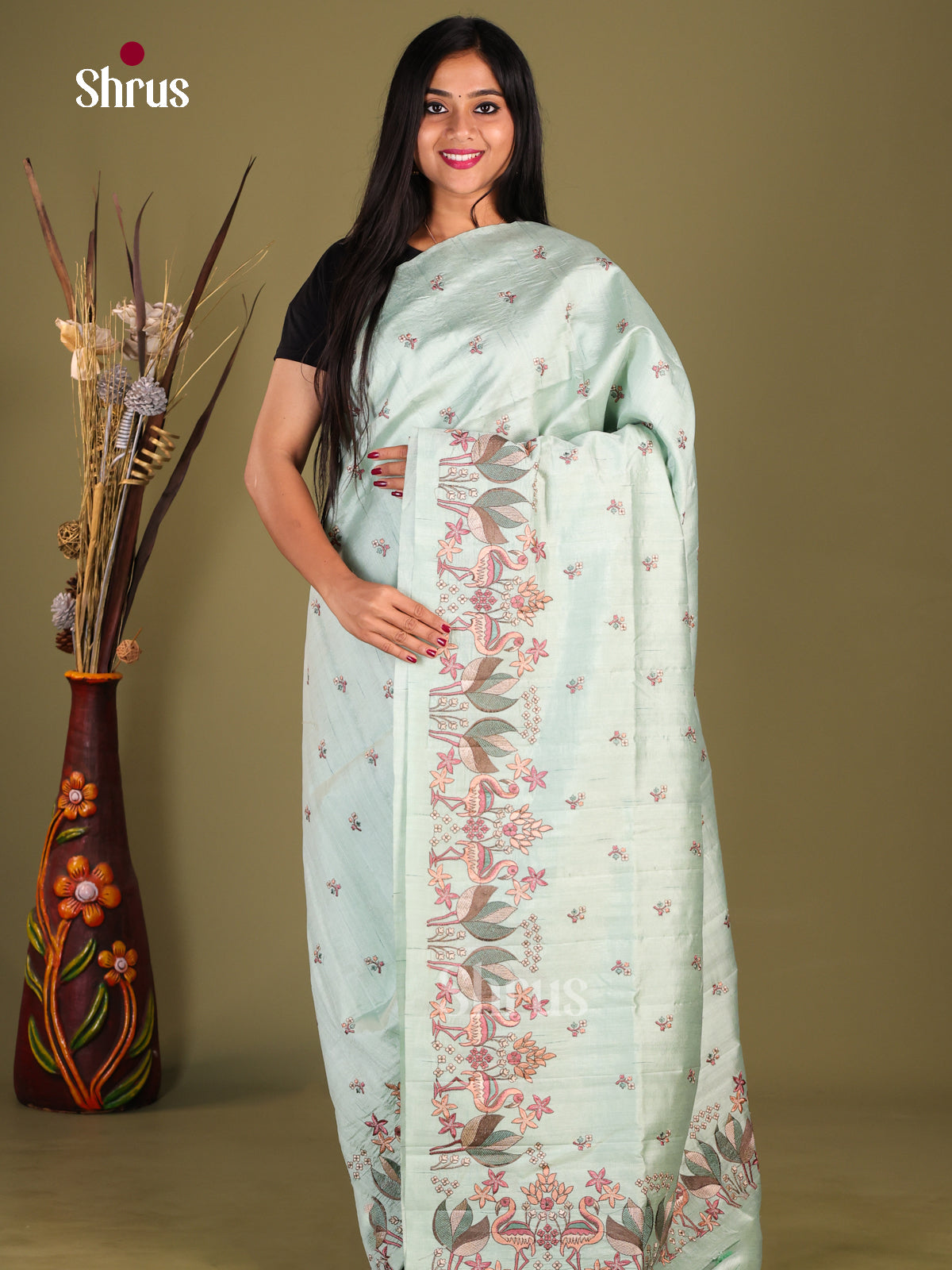 Ice Green - Semi Rawsilk Saree - Shop on Shrus.com