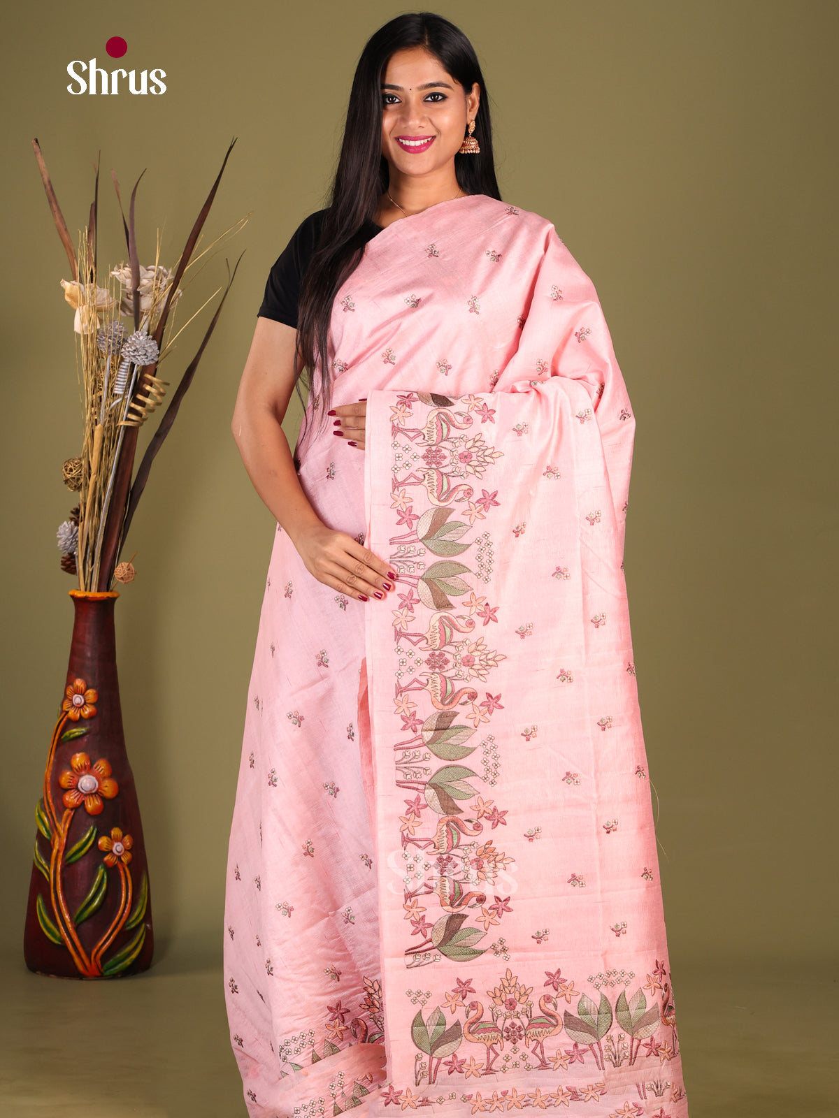 Pink - Semi Rawsilk Saree - Shop on Shrus.com