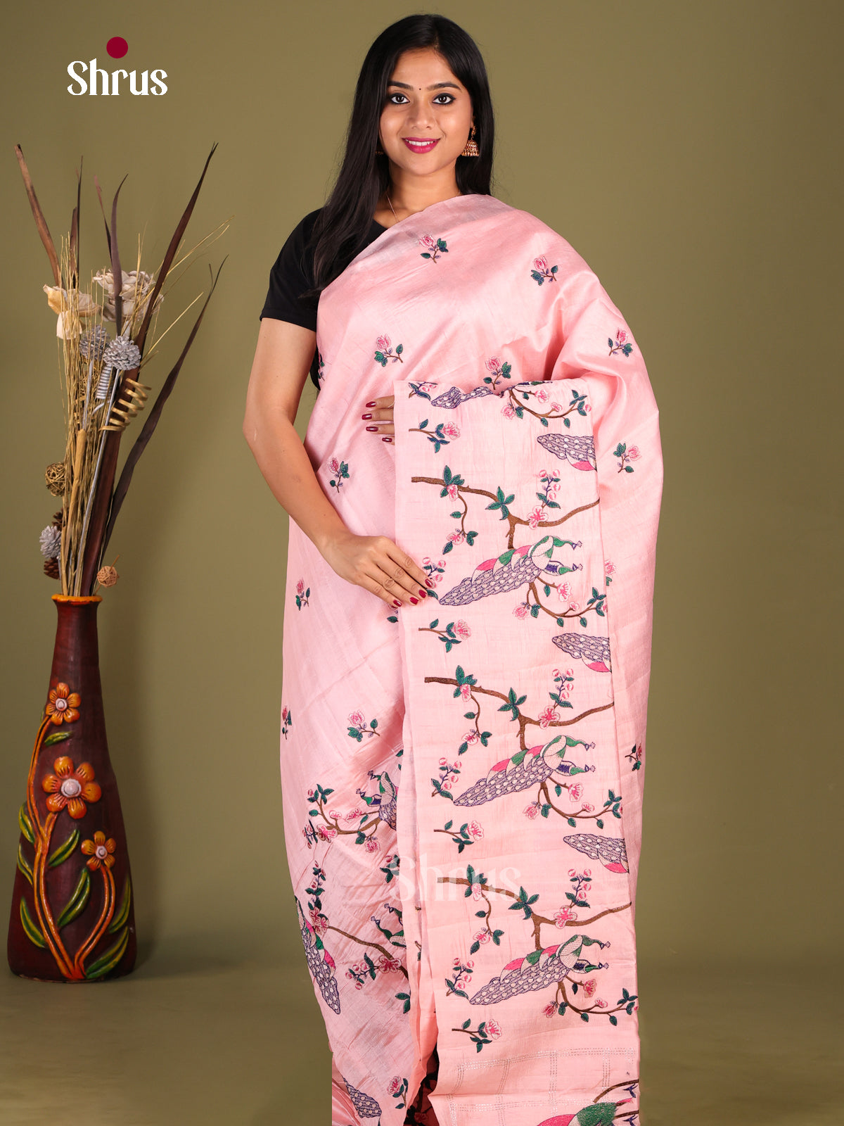 Pink- Semi Rawsilk Saree - Shop on Shrus.com