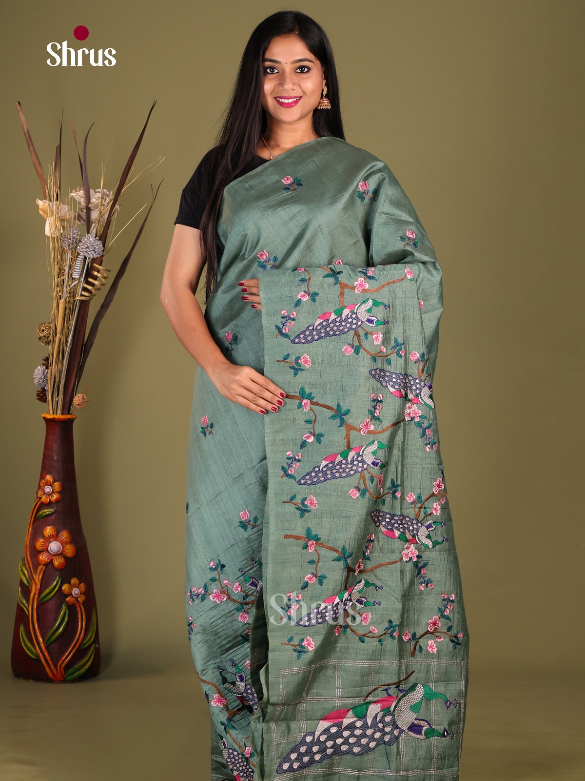 Green - Semi Rawsilk Saree - Shop on Shrus.com