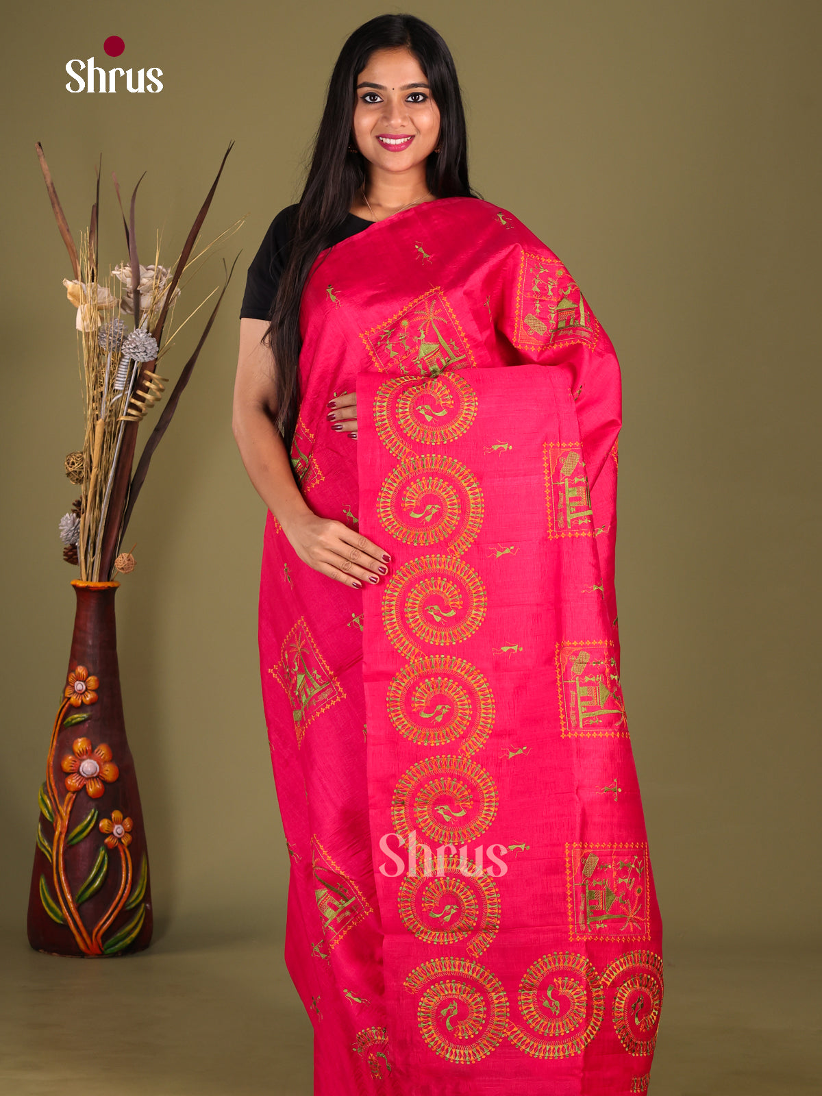 Reddish Pink- Semi Rawsilk Saree - Shop on Shrus.com