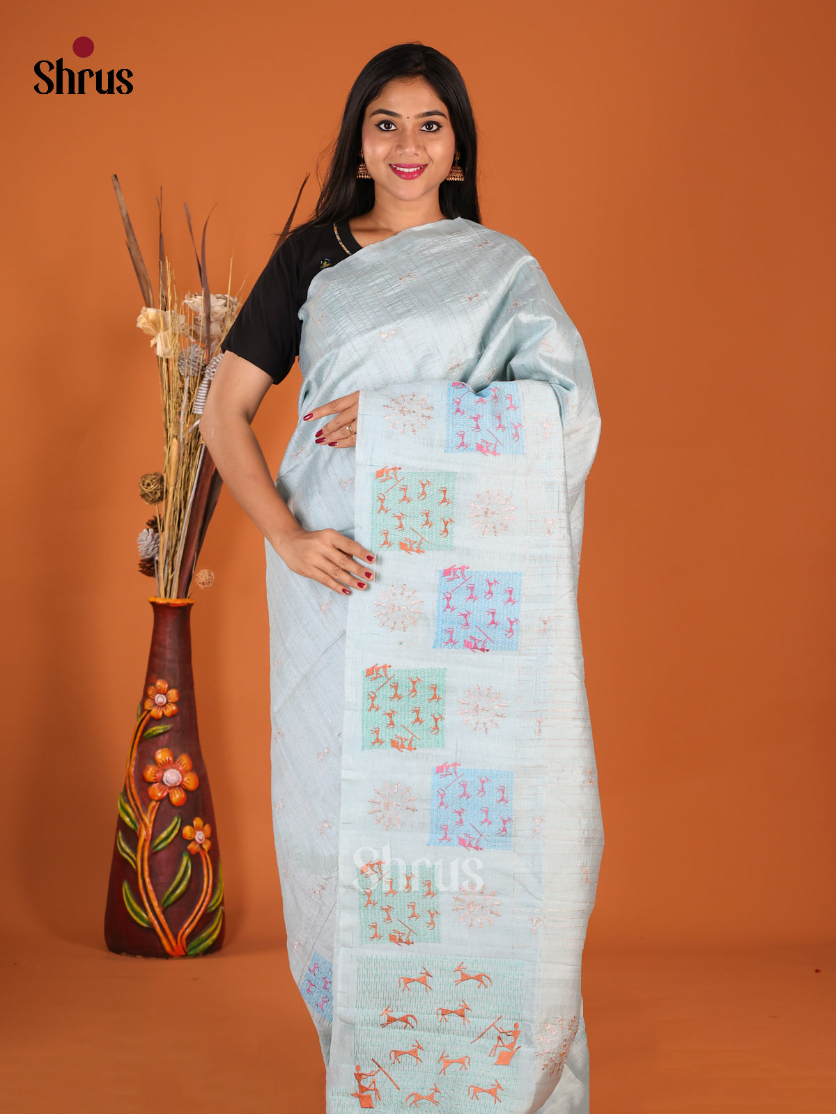 Pastel Blue - Semi Rawsilk Saree - Shop on Shrus.com