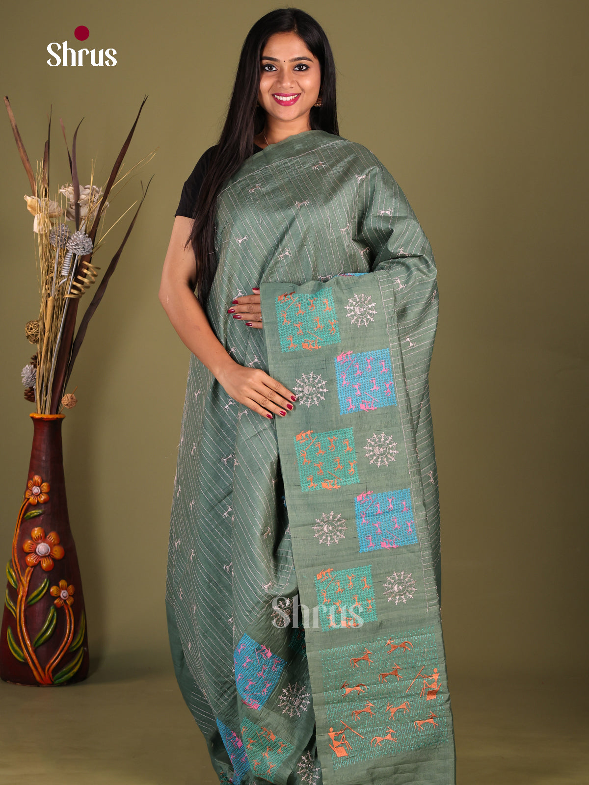 Grey Green- Semi Rawsilk Saree - Shop on Shrus.com