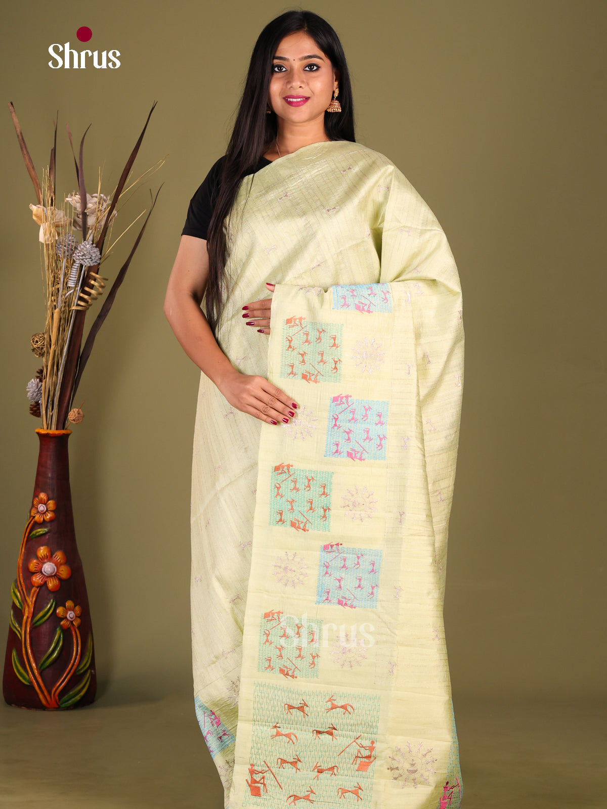 Pastel green - Semi Rawsilk Saree - Shop on Shrus.com