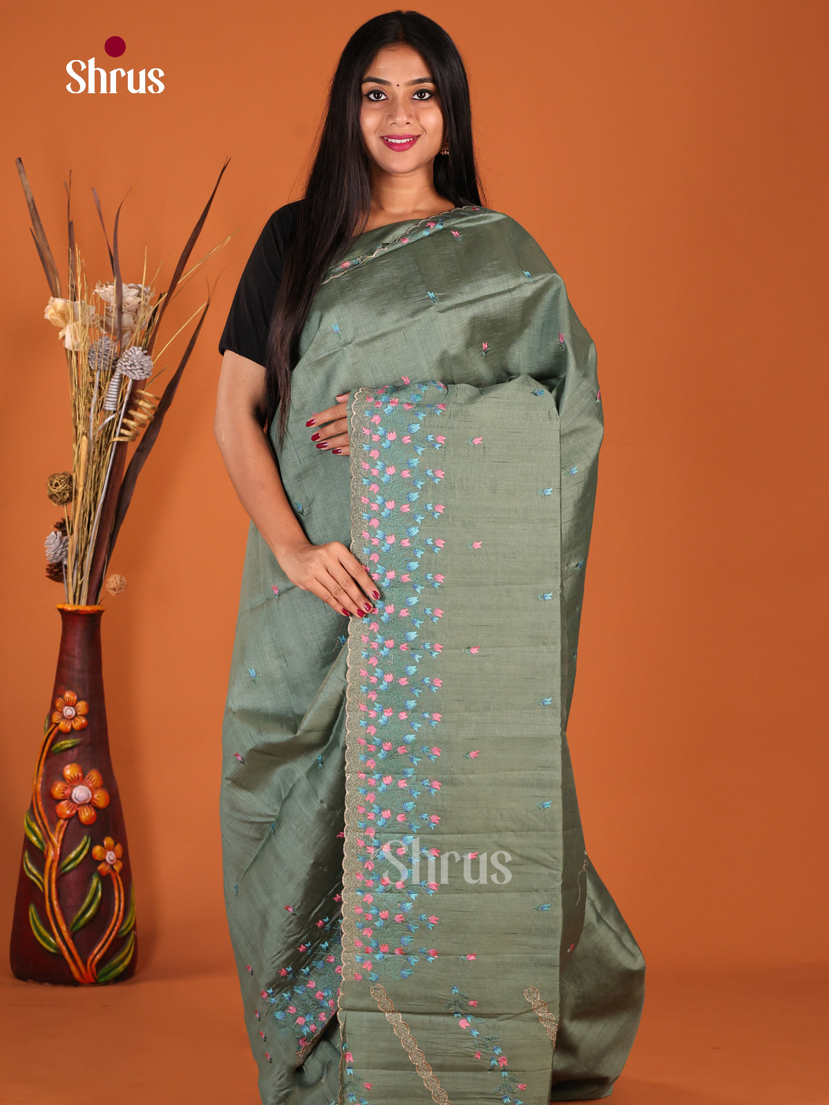 Grey Green - Semi Rawsilk Saree - Shop on Shrus.com