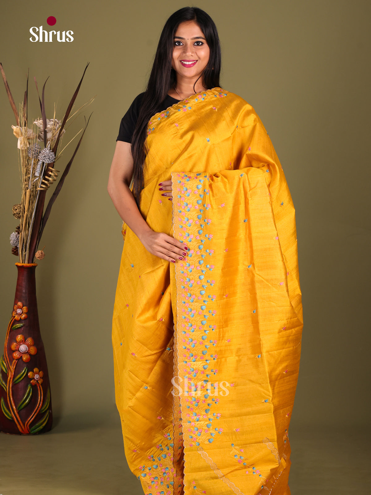Mustard - Semi Rawsilk Saree - Shop on Shrus.com