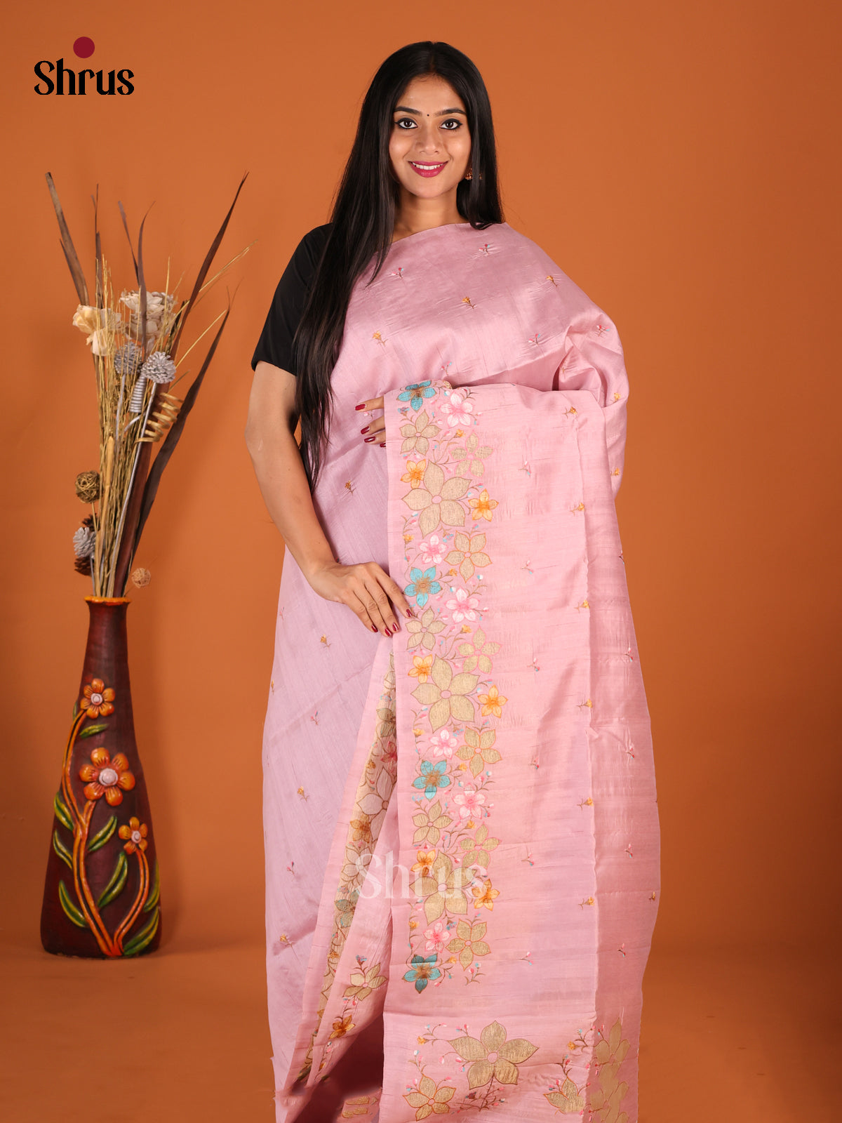 Pink - Semi Rawsilk Saree