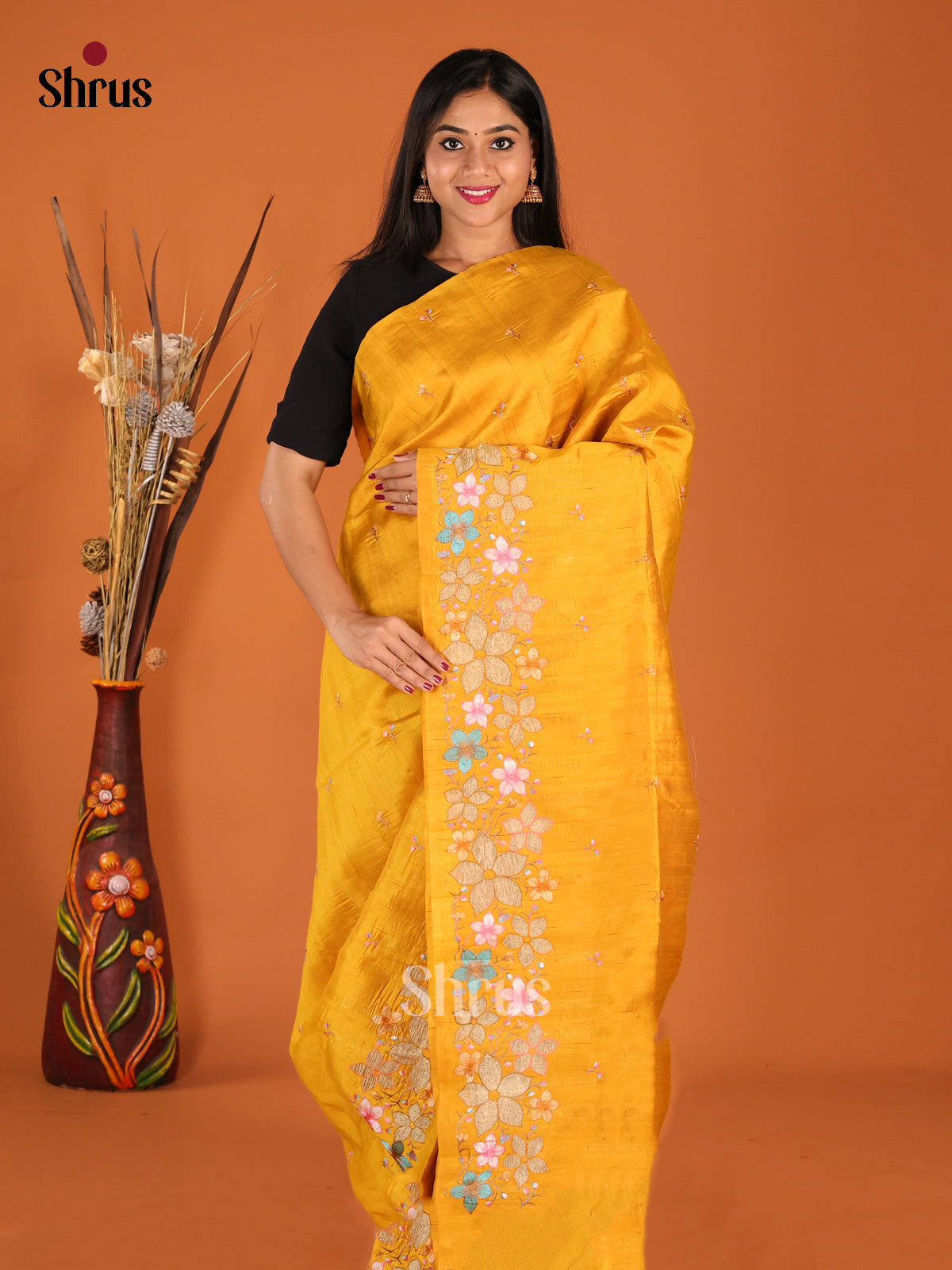 Mustard - Semi Rawsilk Saree - Shop on Shrus.com