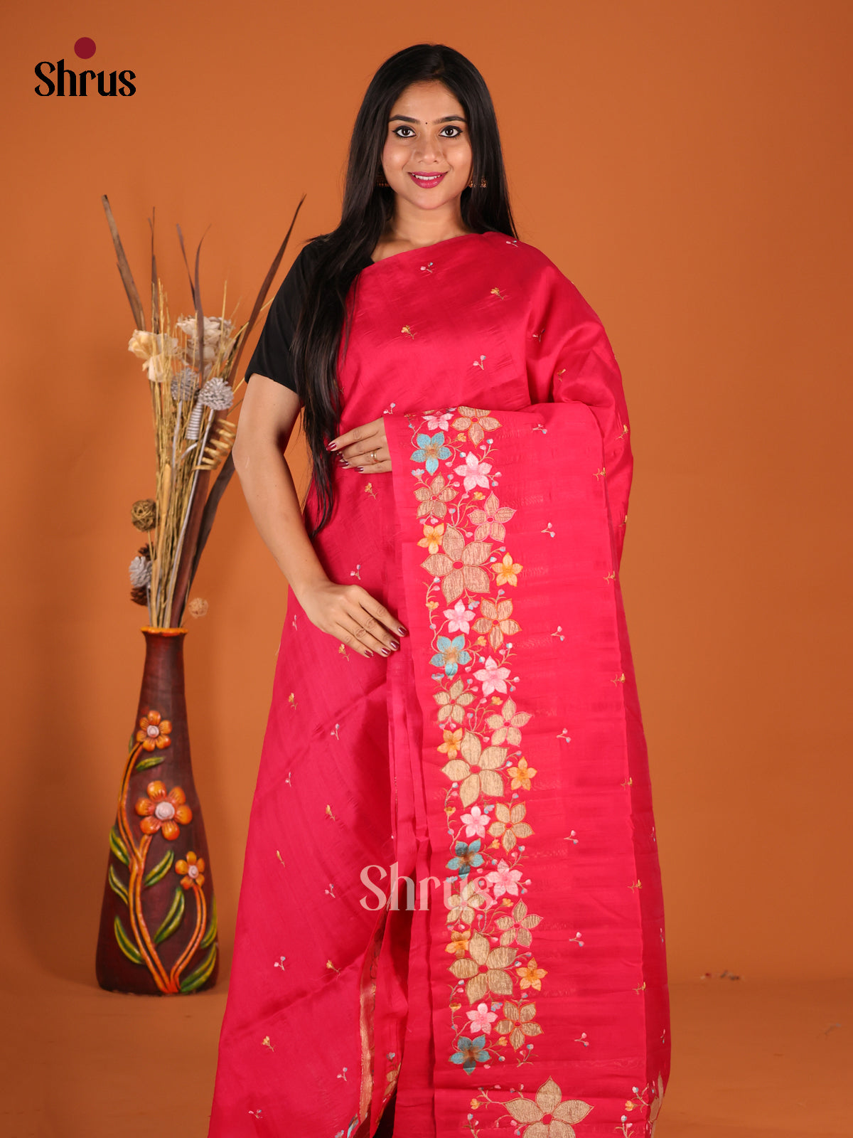 Red - Semi Rawsilk Saree - Shop on Shrus.com