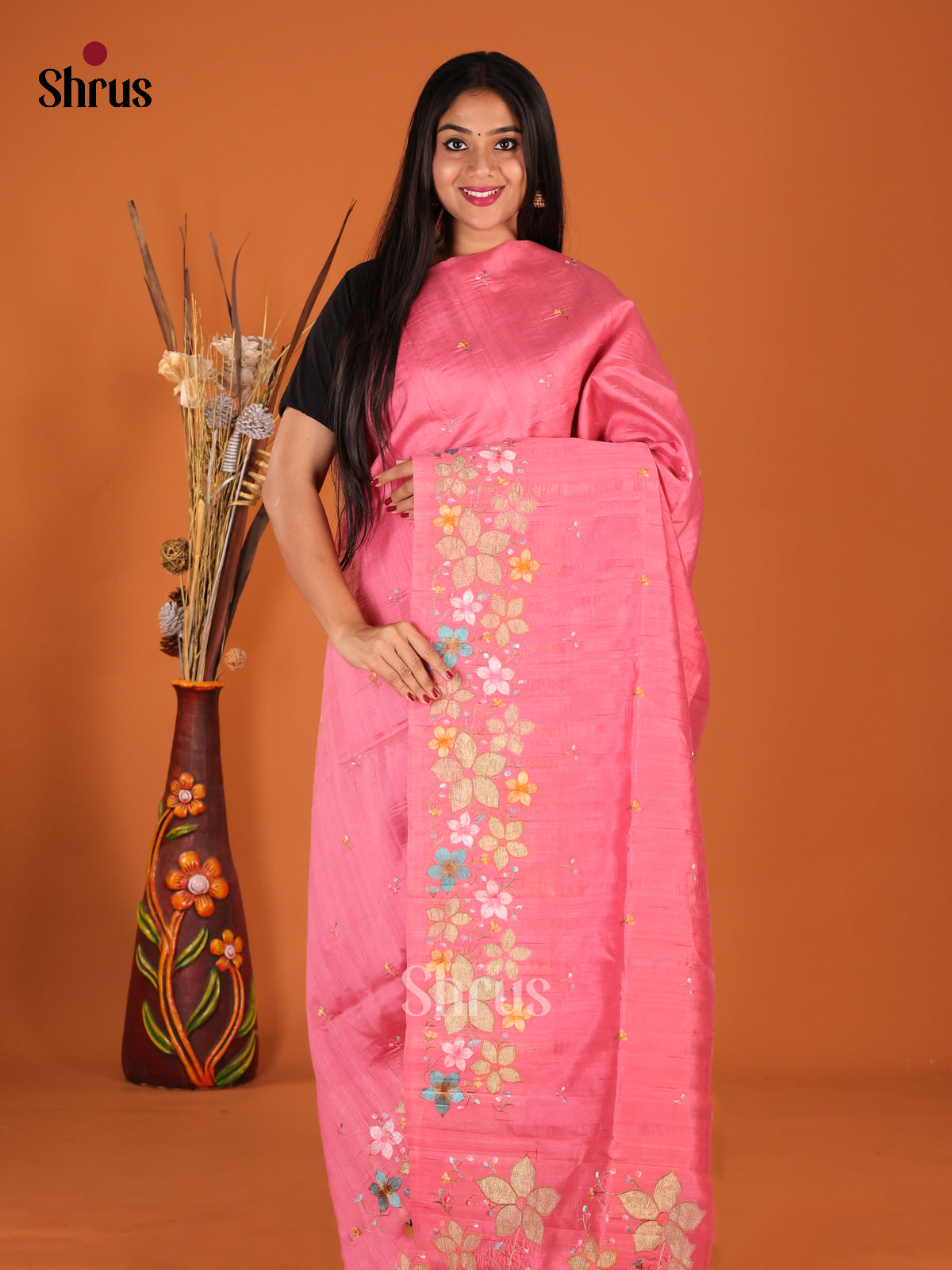 Pink - Semi Rawsilk Saree - Shop on Shrus.com